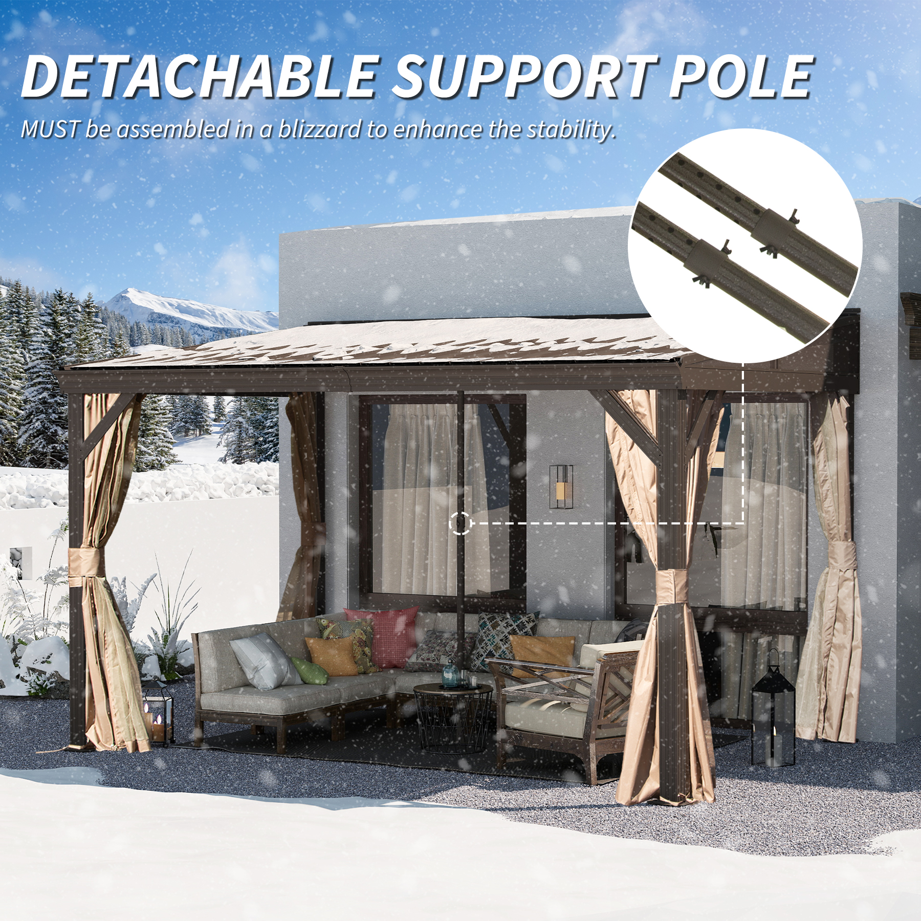 Hardtop Wall Mounted Gazebo with Sloping Galvanized Steel Roof, Aluminum Frame, Drainage System, Curtains and Netting, for Patio, Deck, Garden, Backyard