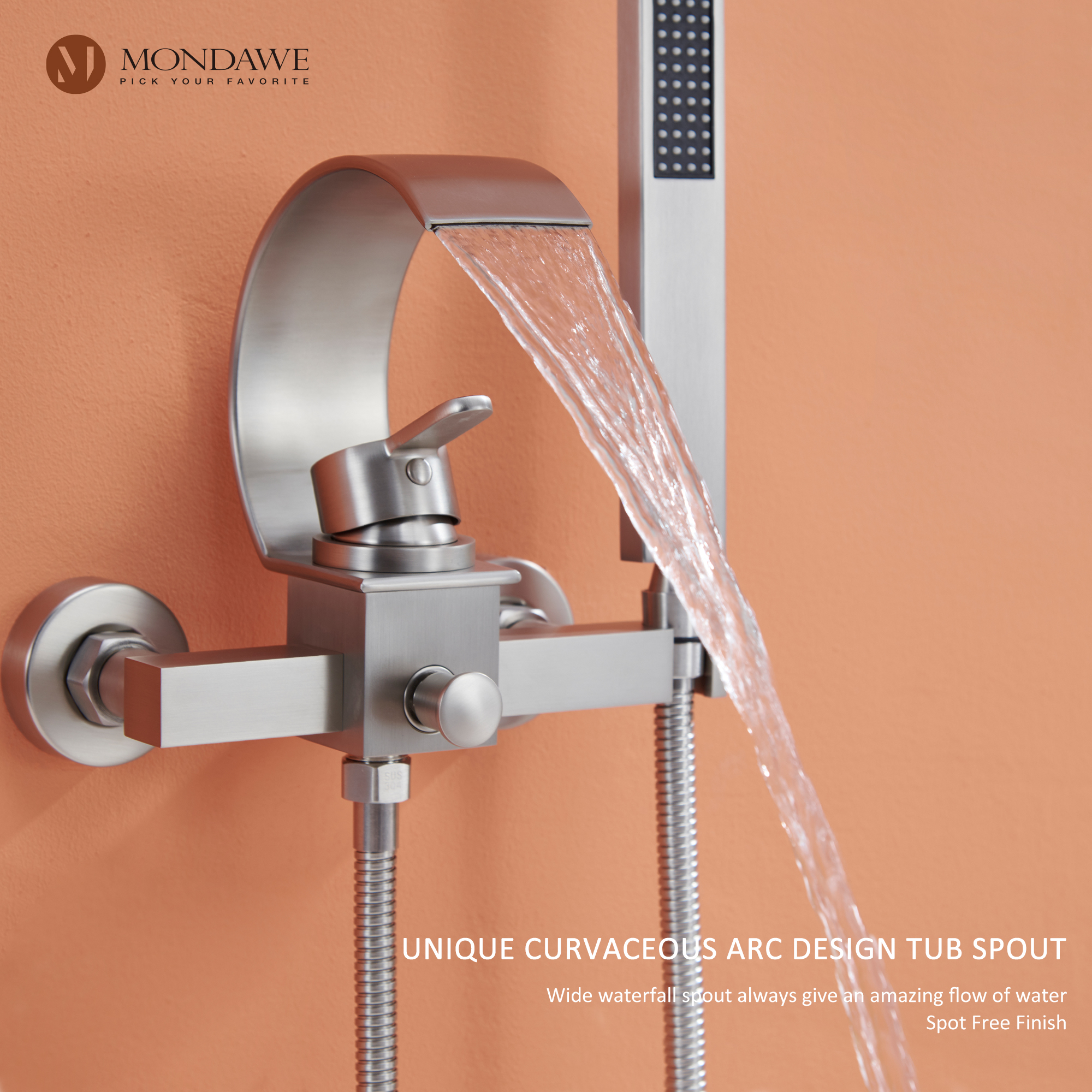 Mondawe Single Handle Shower Tub Kit with Waterfall Tub Spout and Handheld Shower Faucet, Wall Mounted-Mondawe