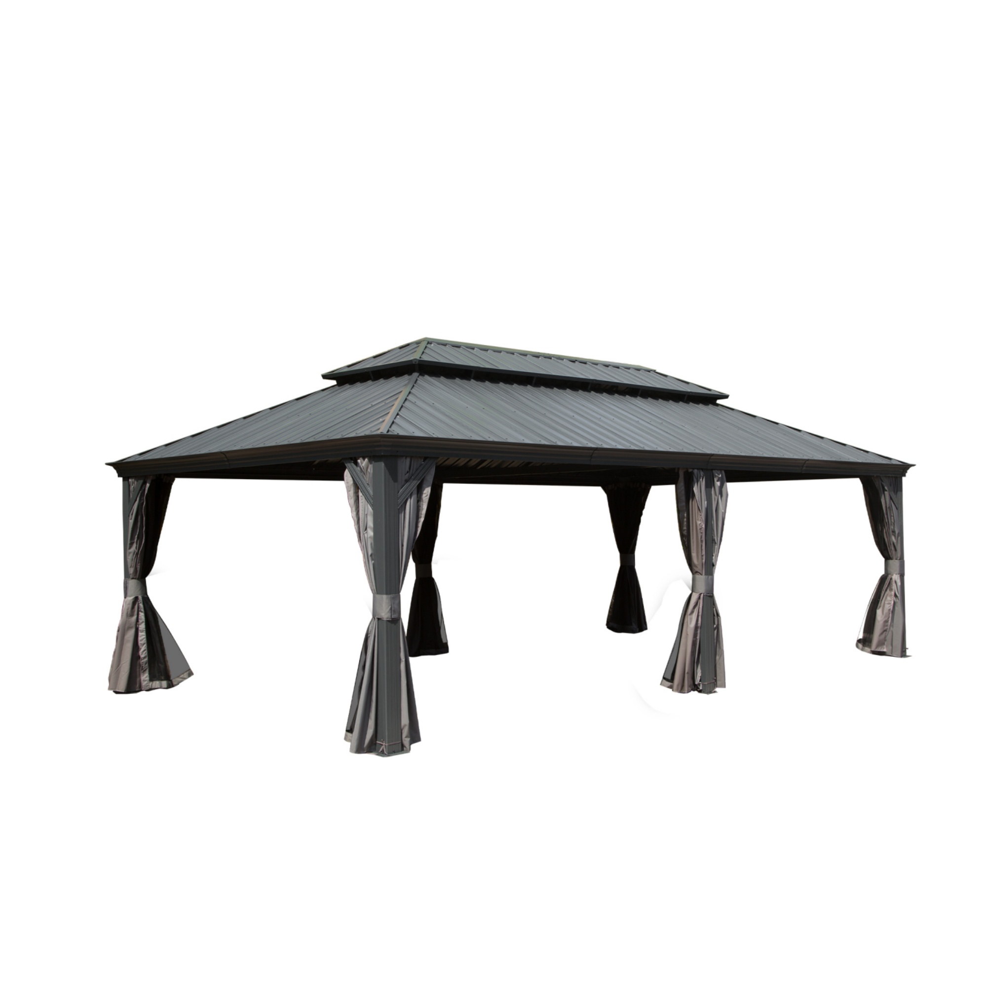 14x22FT Hardtop Gazebo, Outdoor Gazebo with Galvanized Steel Double Roof, Aluminum Frame, Built-in Gutter System, Curtain and Netting, Metal Gazebo Pavilion for Patio Deck Garden, Brown/Grey