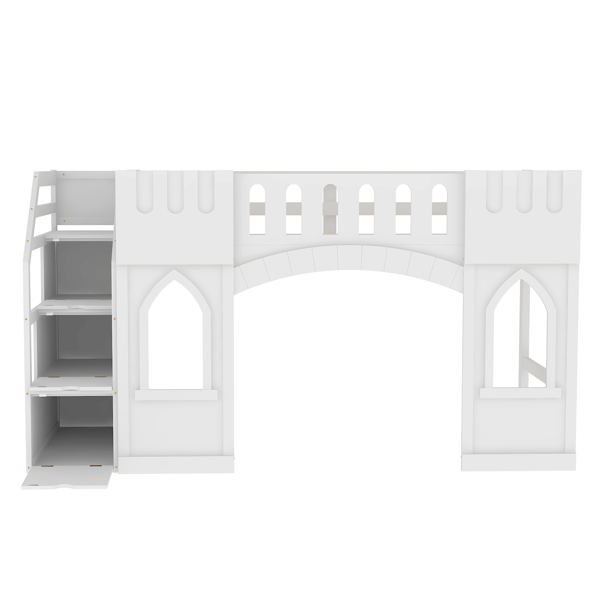 Twin Size Loft Bed with Storage Staircase and Window, White/Pink