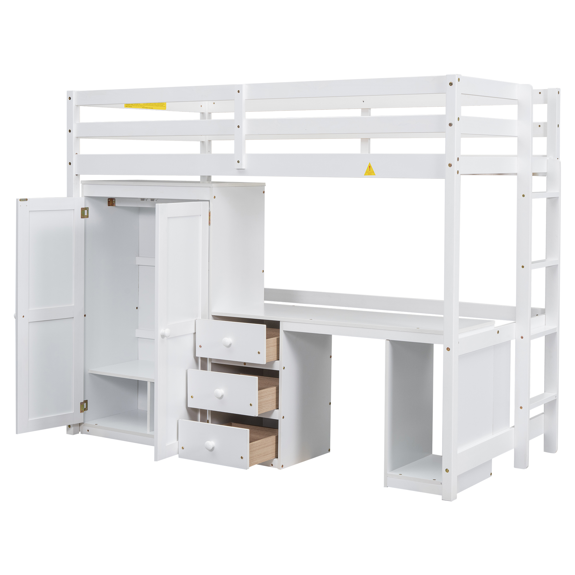 Full/Twin Size Loft Bed with Wardrobe, Desk and Storage Drawers, Gray/White