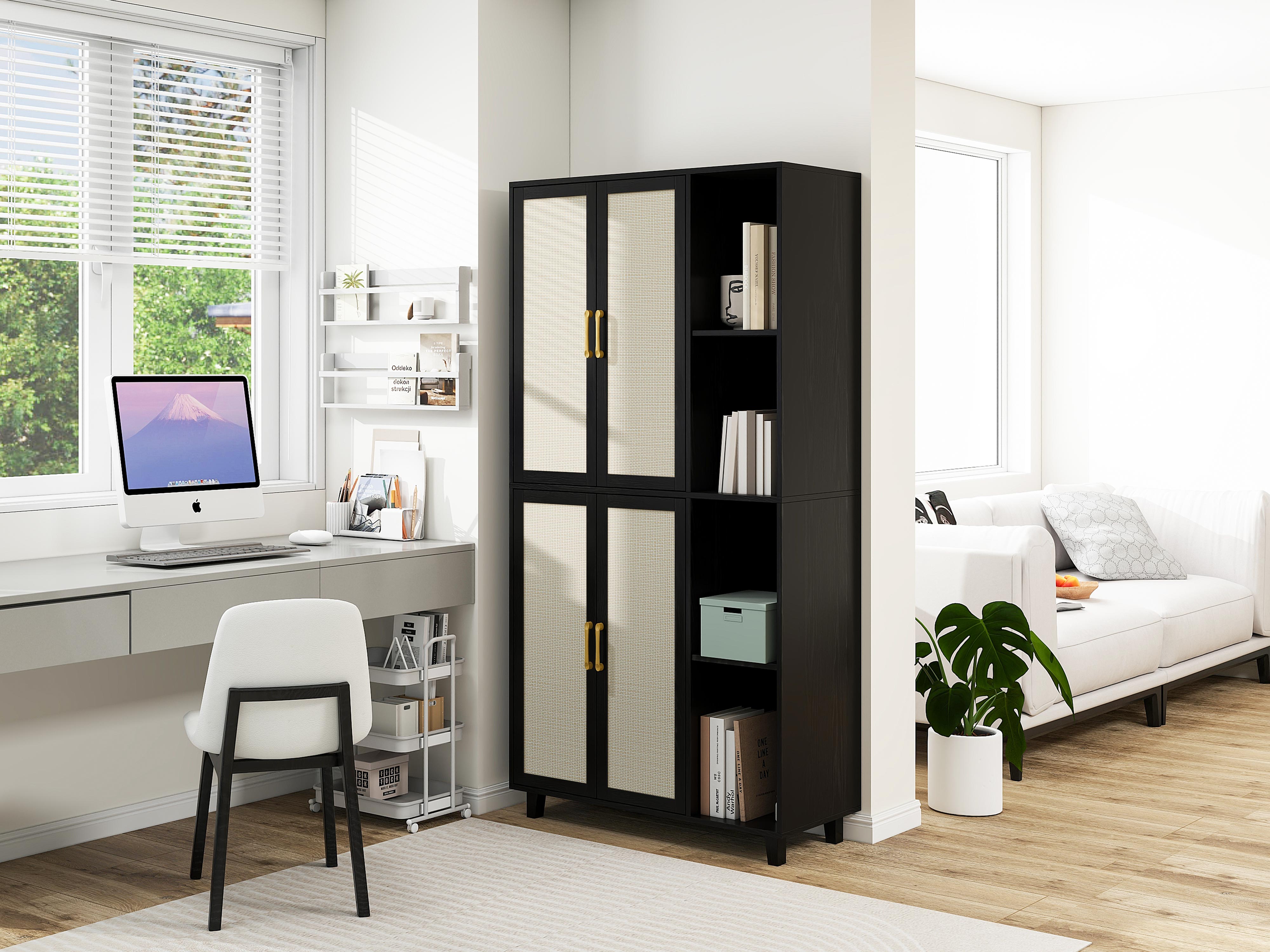 4 Door Cabinet with 4 Shelves with 4 Adjustable Inner Shelves, Storage Cabinet,  Black / Natural 