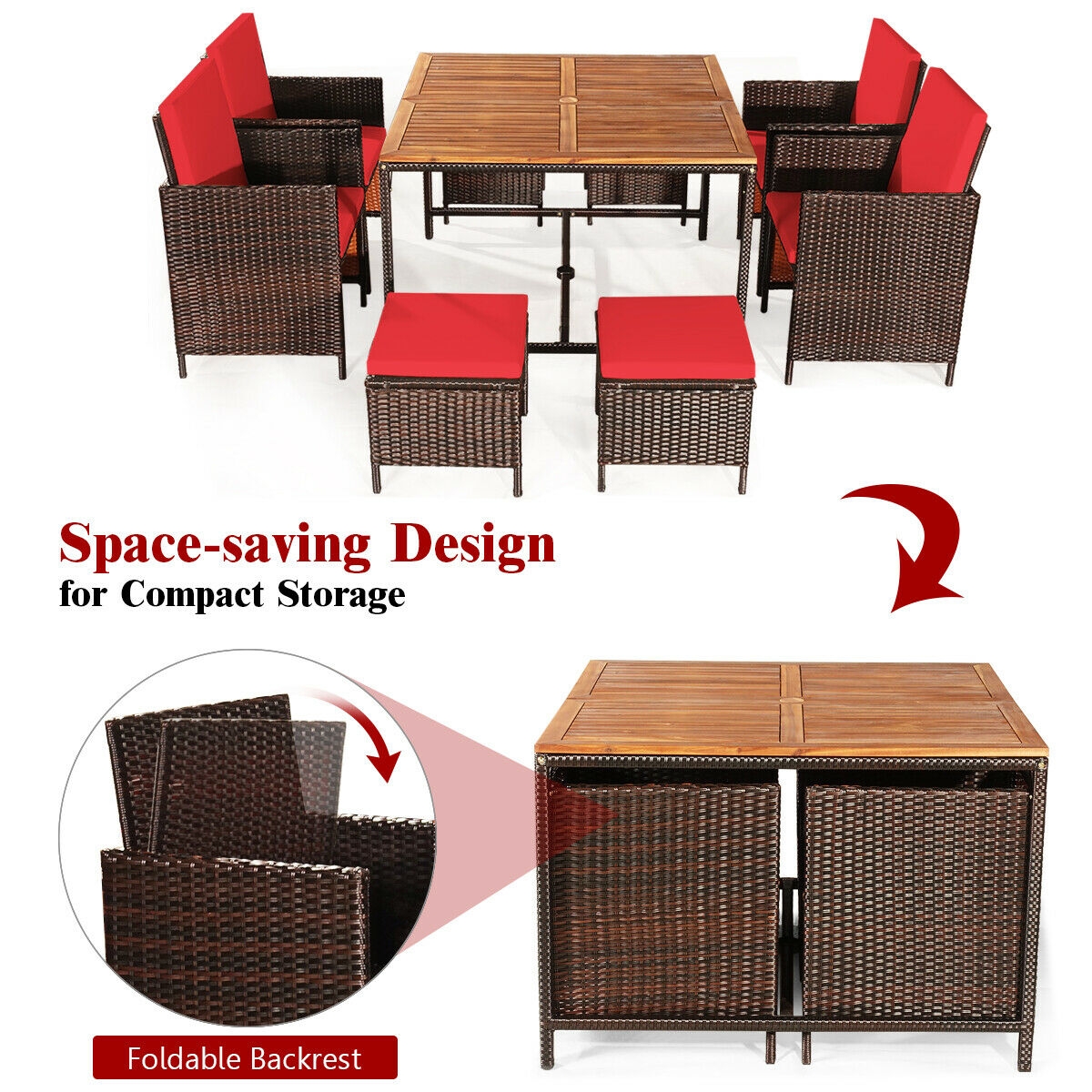 Mondawe 9PCS Patio Rattan Dining Cushioned Chairs Set-Red-Mondawe