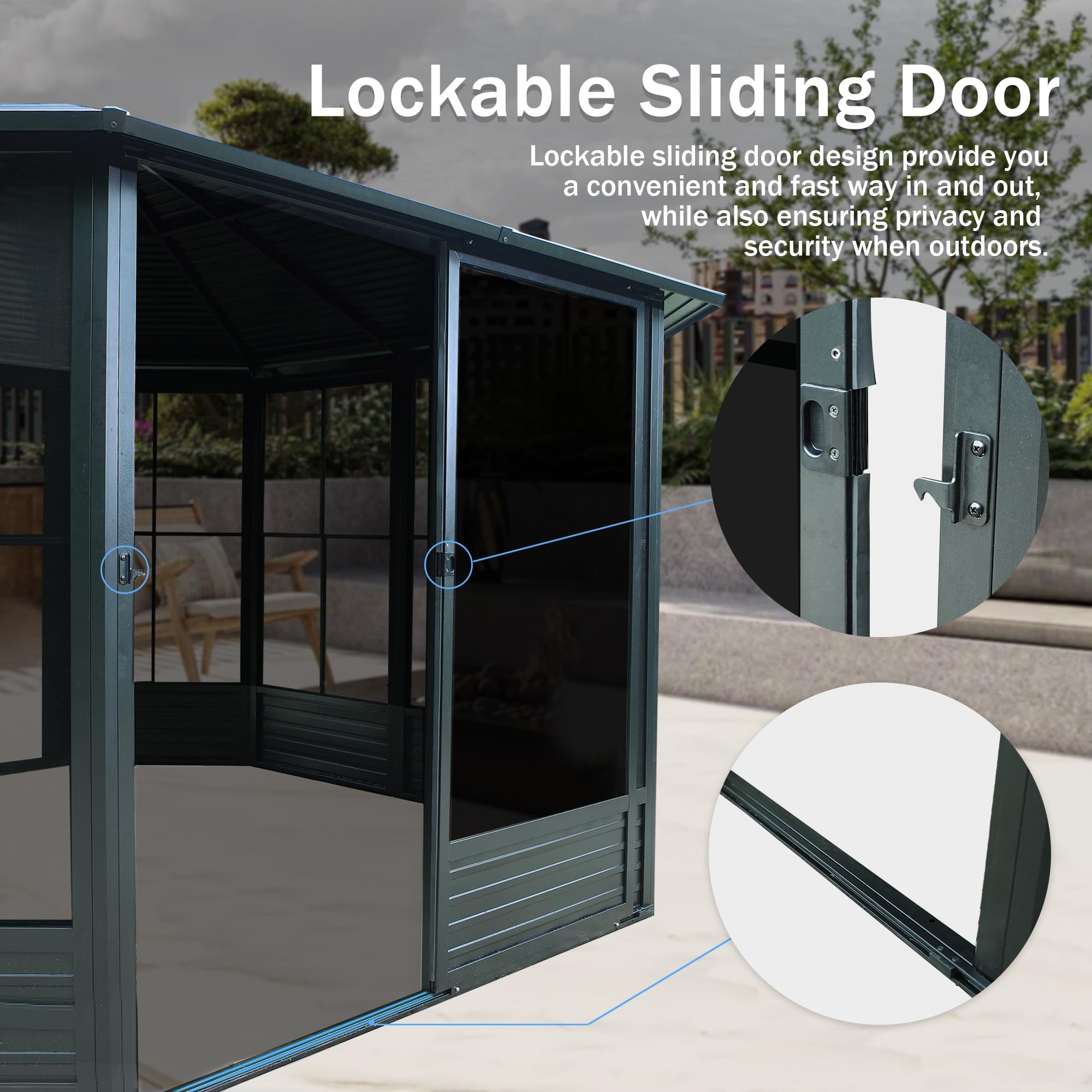 12 x 12 FT Sunroom Octagonal Solarium,Screen Houses for Outdoors Backyard with Lockable Sliding Door,Moveable PC Screen,Galvanized Steel Sloping Roof