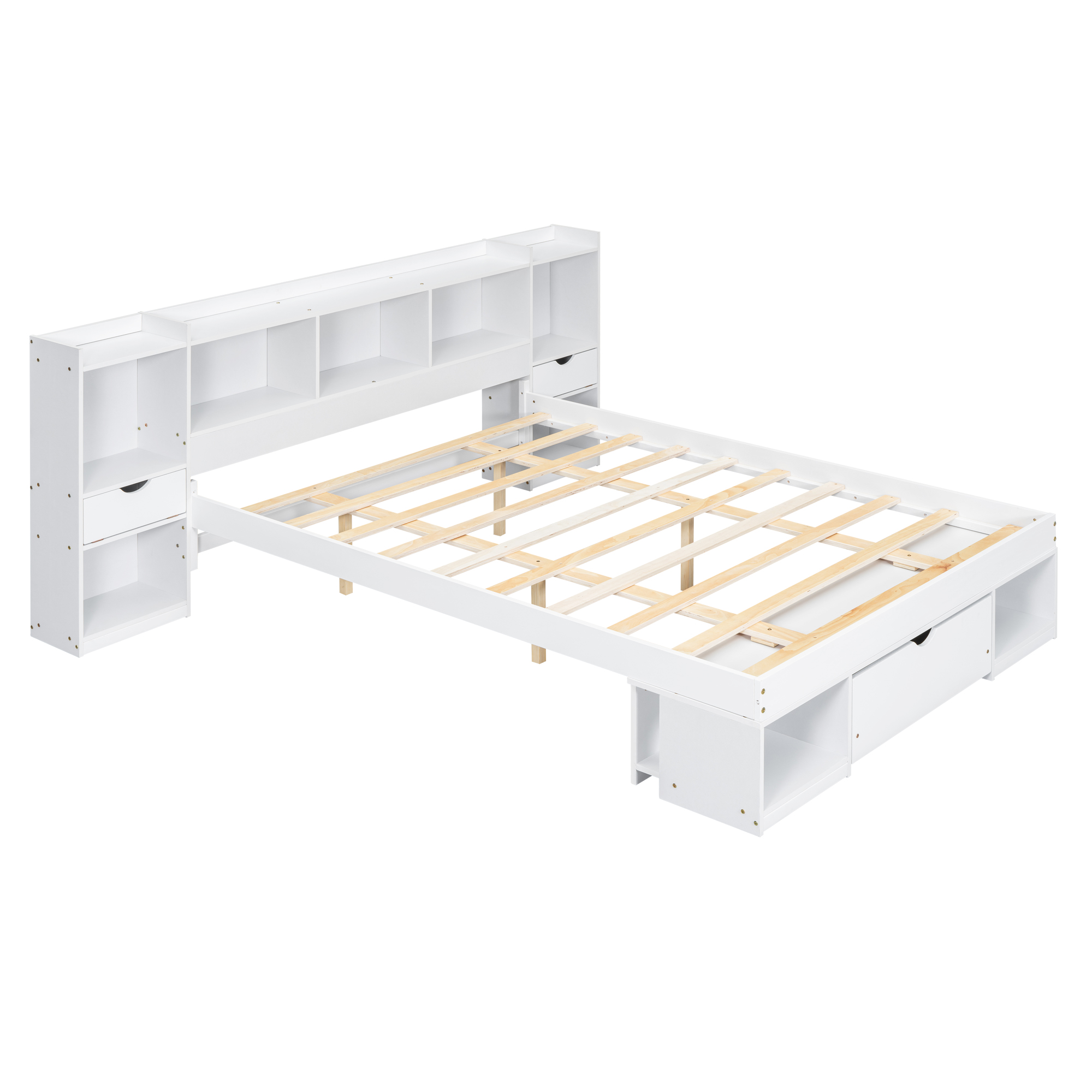 Queen Size Wood Platform Bed with Multi-storage Headboard and a Drawer, White/Gray