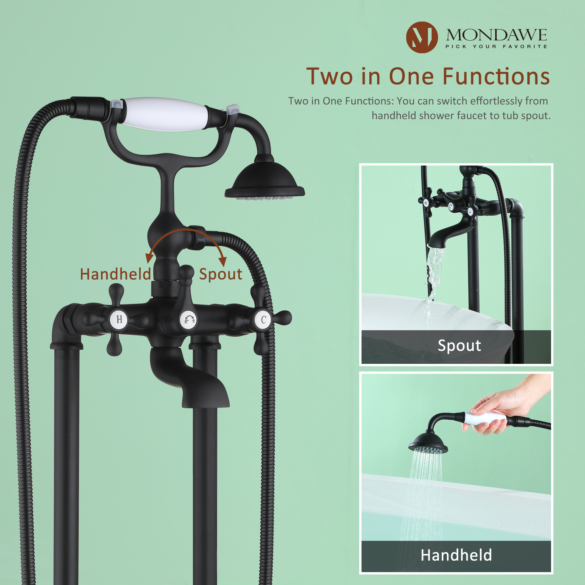 Mondawe 3-Handle Traditional Freestanding Bathtub Faucet(Matte Black)-Mondawe