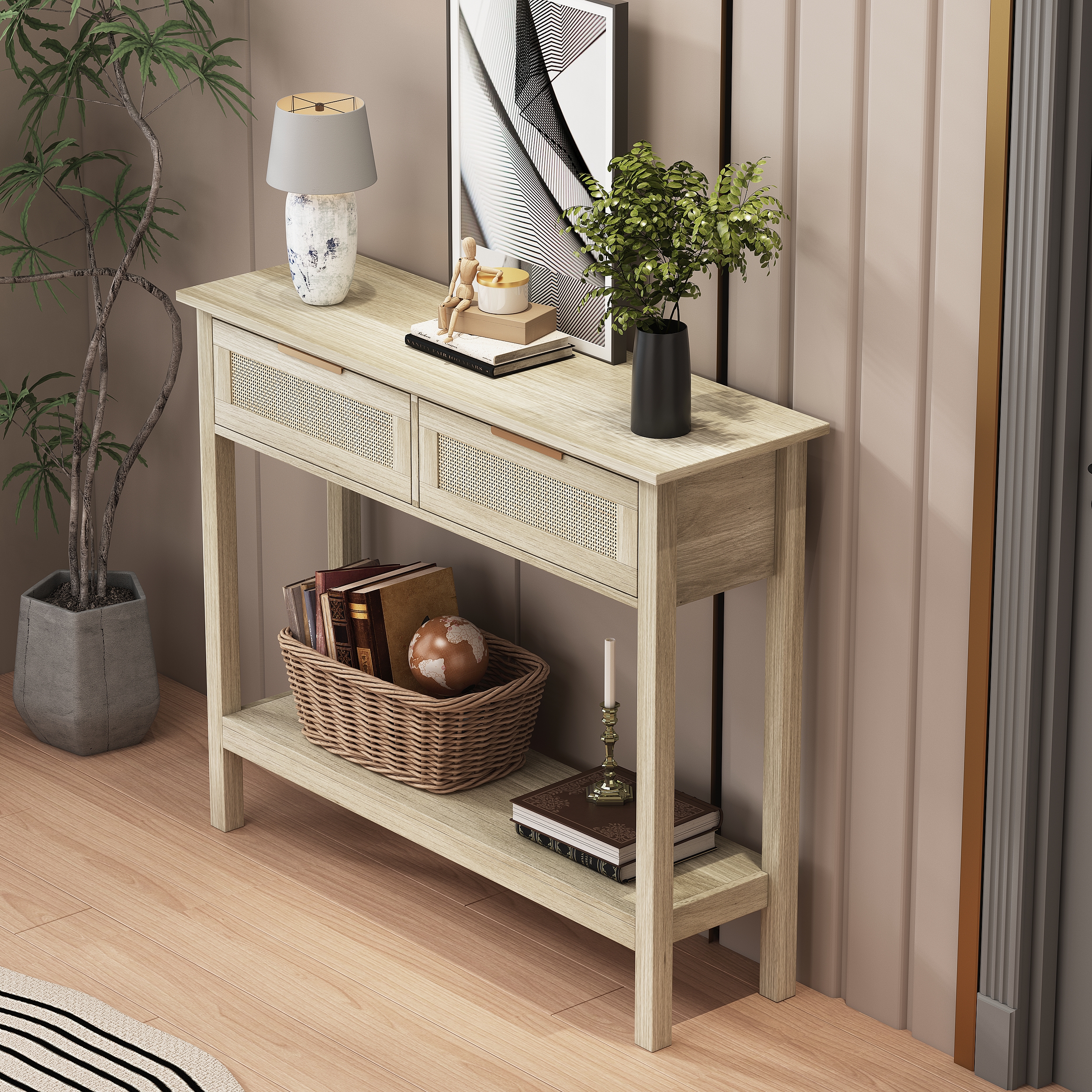 Boho Style Console Table with 2 Rattan Drawer and Bottom Storage Shelf for Entryway, Minimalist Side Table with Rattan Storage Drawer and Shelf for Living room, Hallway 