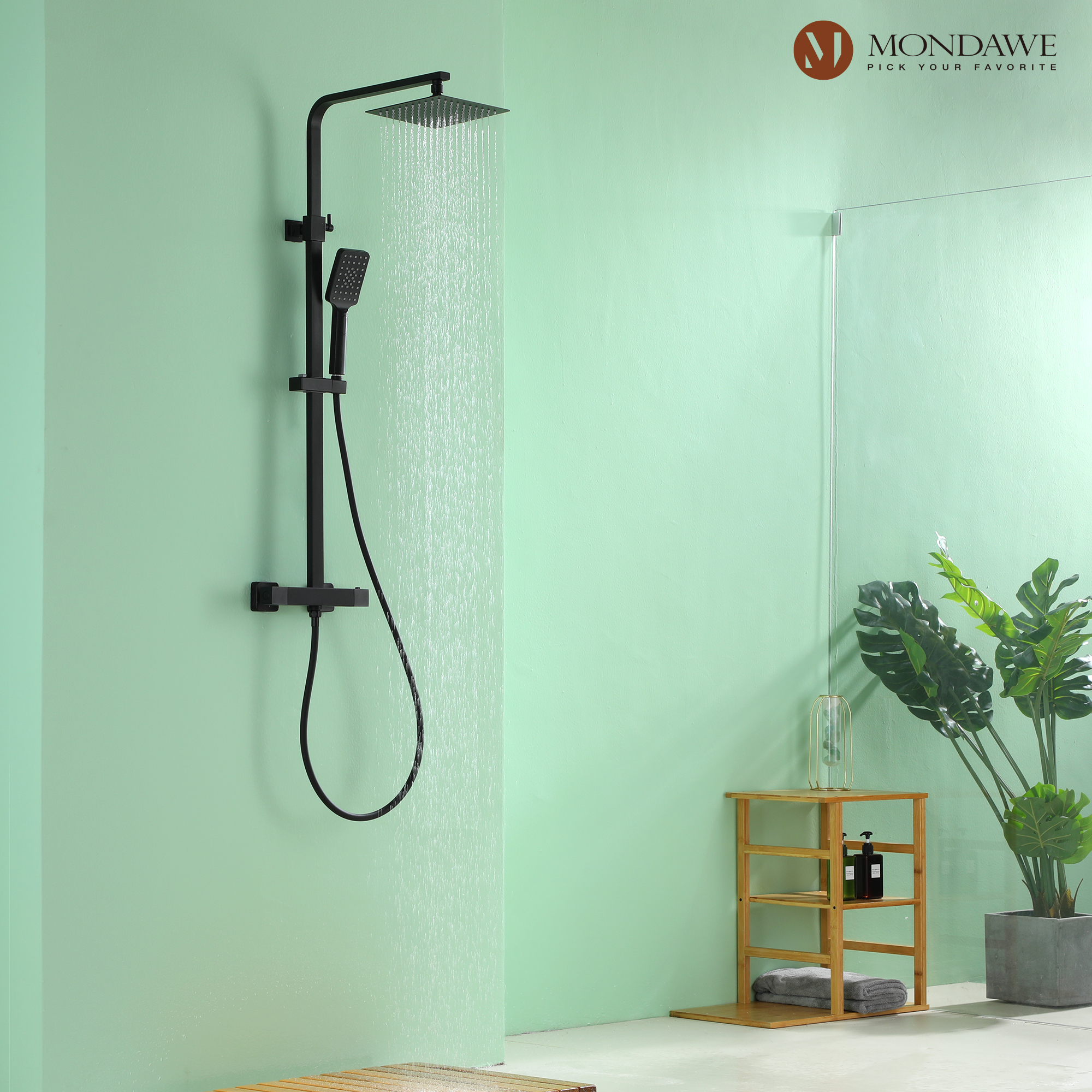 Mondawe Stainless Steel Thermostatic Shower Bar System in Black/Chrome(Square)-Mondawe