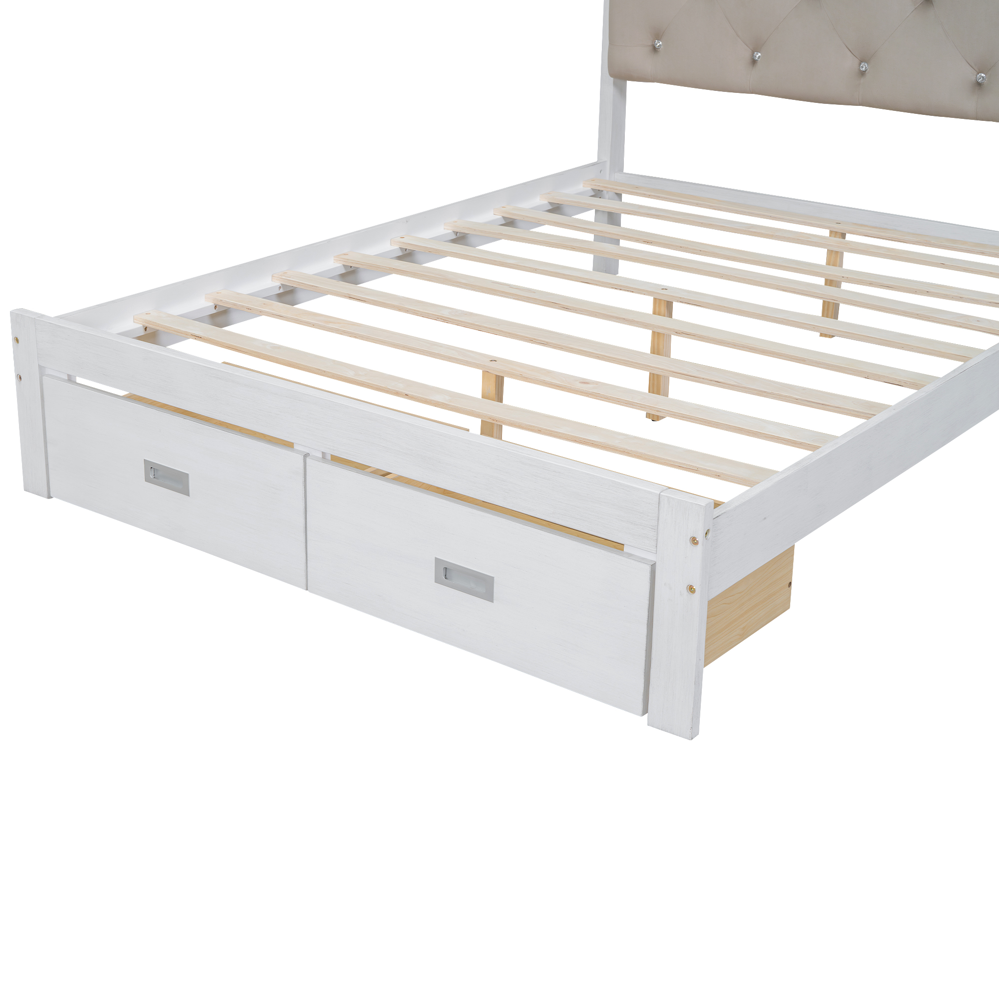 Wood Queen/Full Size Platform Bed with Upholstered Headboard and LED and 2 Drawers, Antique White 