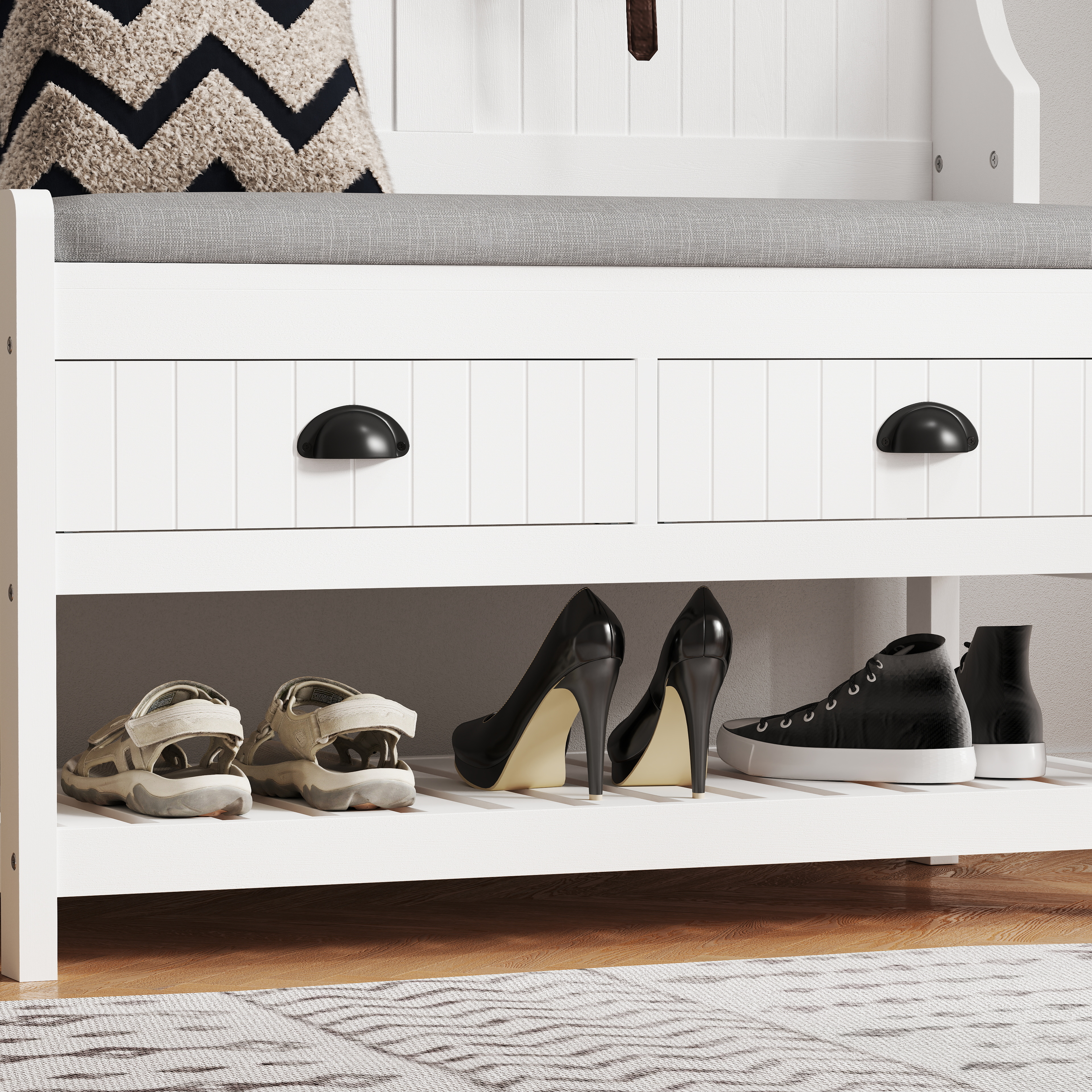 3-in-1 Hallway Hall Tree with 2 Storage Drawer and 4 Coat Rack, Wooden Entryway Shoe Rack Bench with Padded Seat Cushion, Mudroom Bench with Top Storage Shelf 