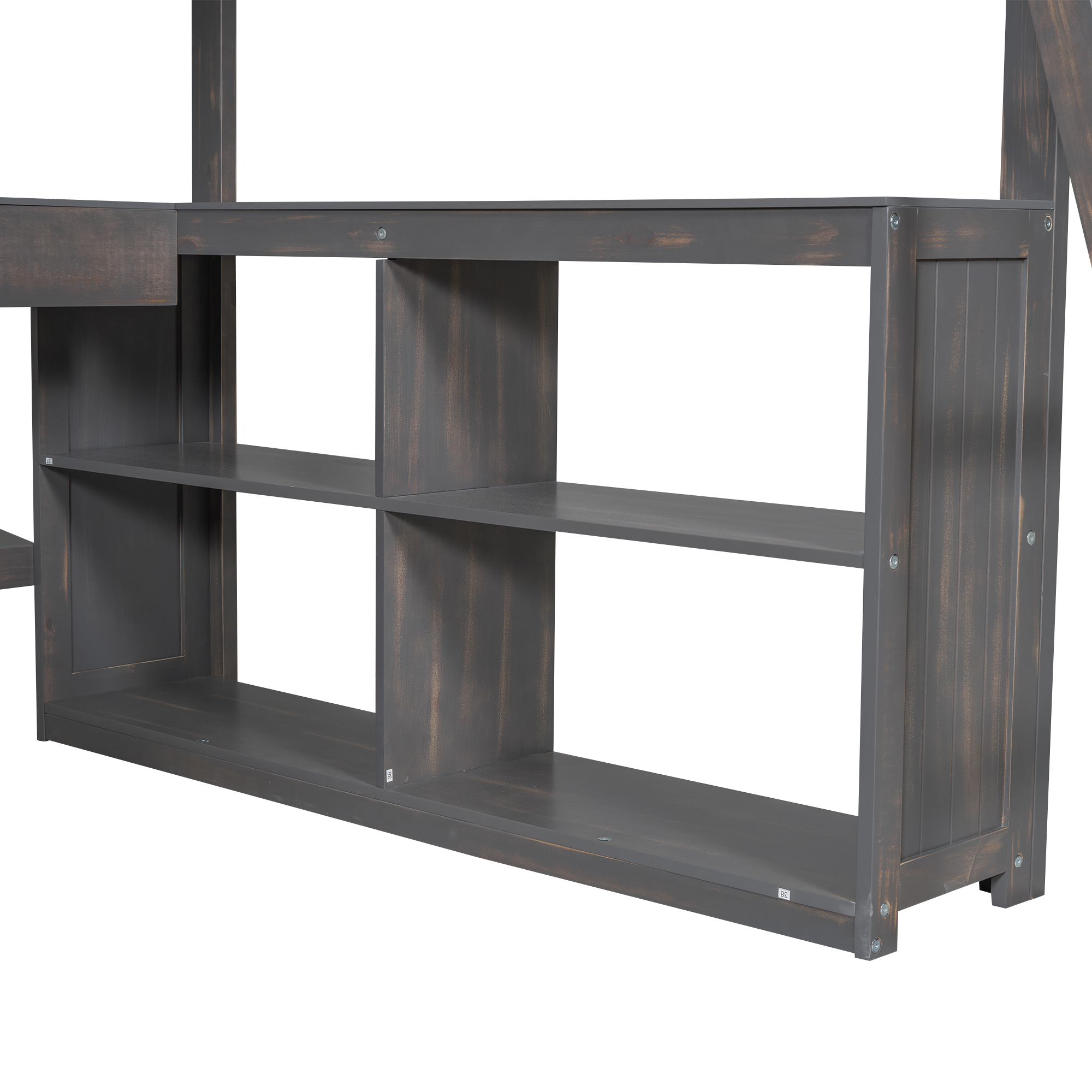 Full/Twin Size Loft Bed with U-shaped Desk, Drawers and Storage Shelves, White/Antique Brown 