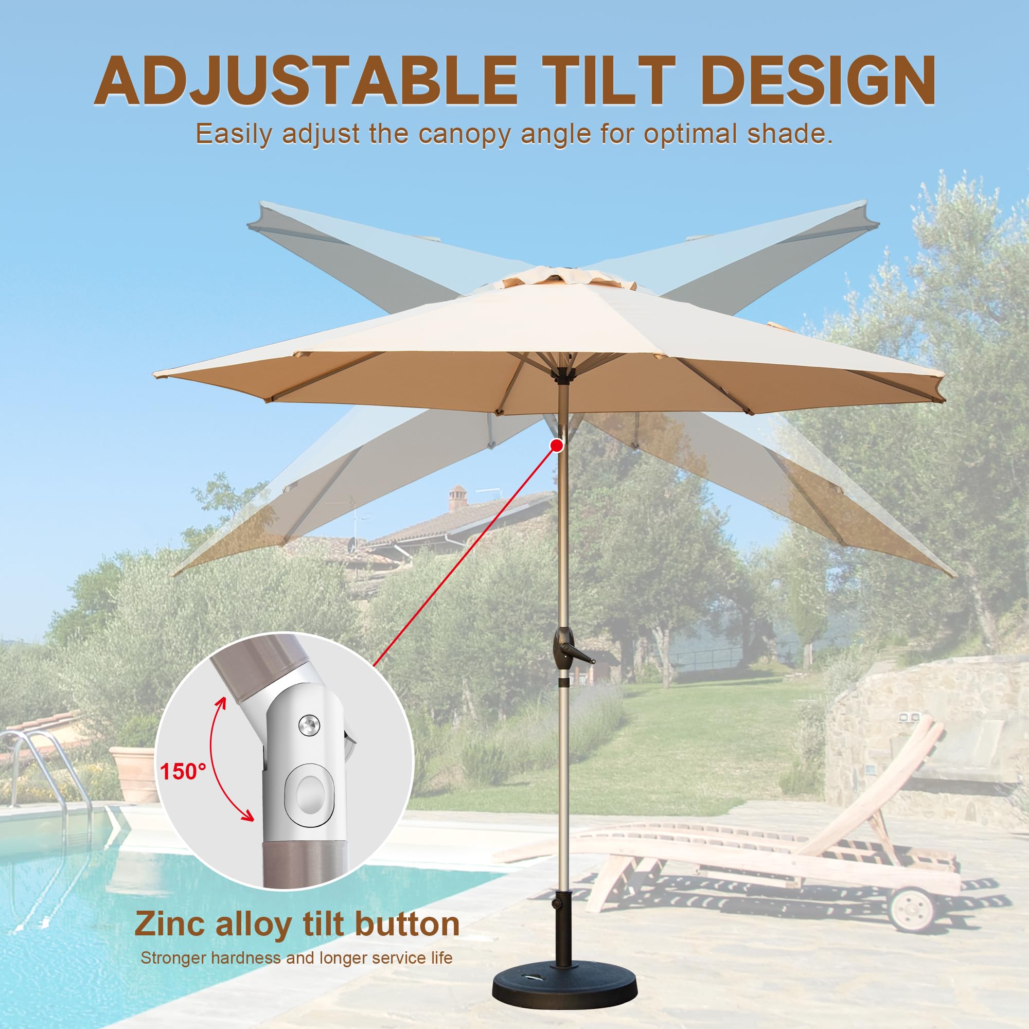 9FT Patio Umbrella, Outdoor Table Umbrella with Push Button Tilt and Crank, UV Protection Waterproof Market Sun Umbrella with 8 Sturdy Ribs for Garden, Deck, Backyard, Pool (Navy Blue/Brick red/Beige/Gray)