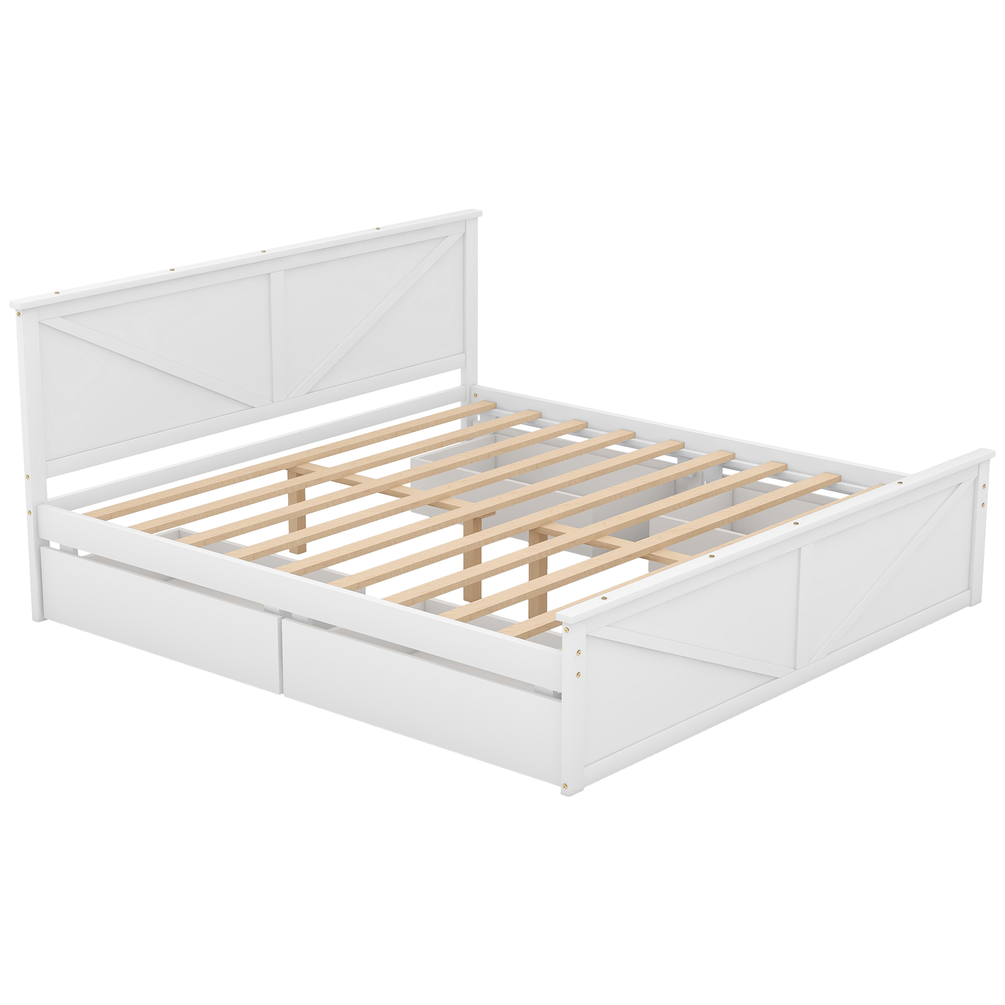 King/Queen Size Wooden Platform Bed with Four Storage Drawers and Support Legs, White/Gray