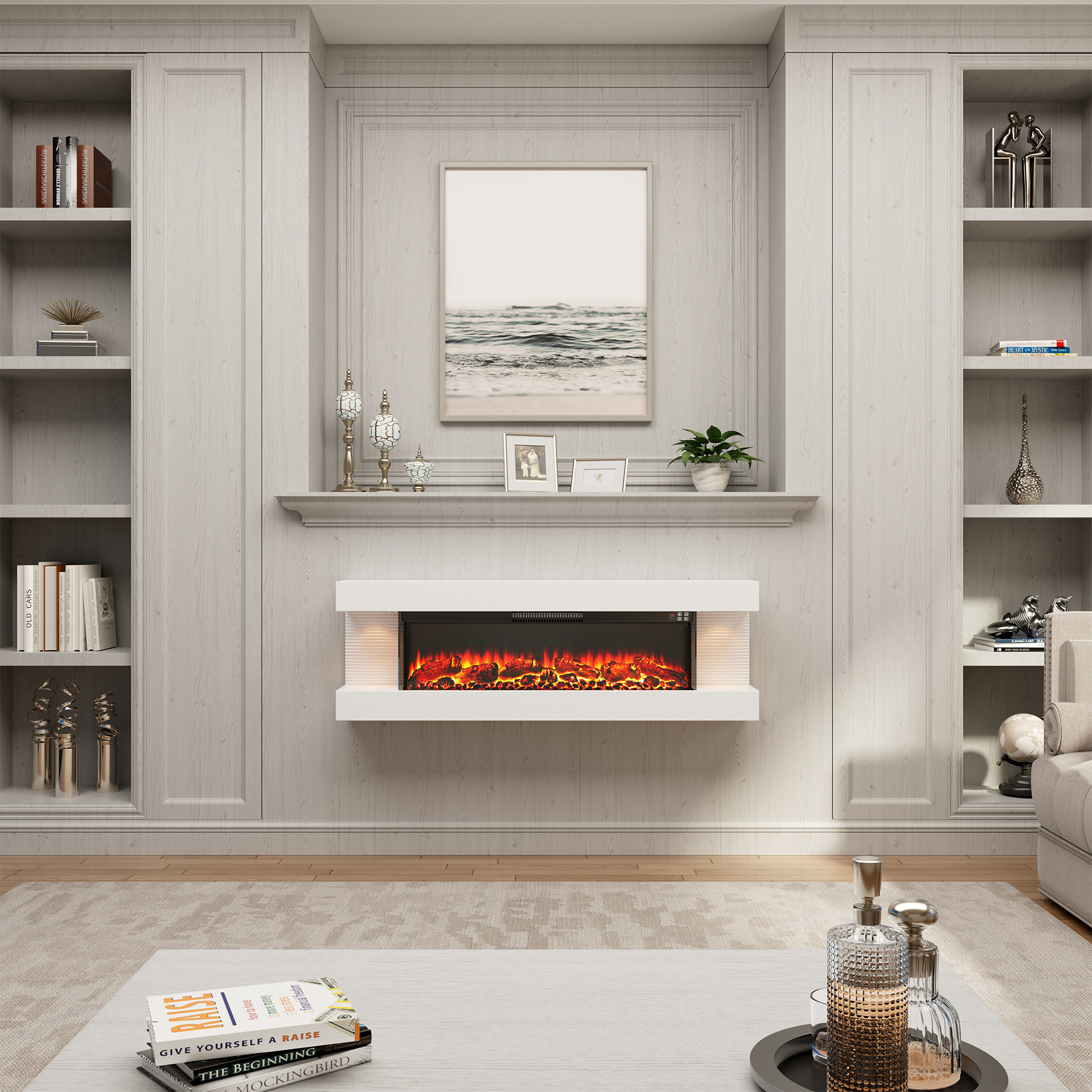 50-inch Wall Mounted Hanging Electric Fireplace with Remote Control in Black