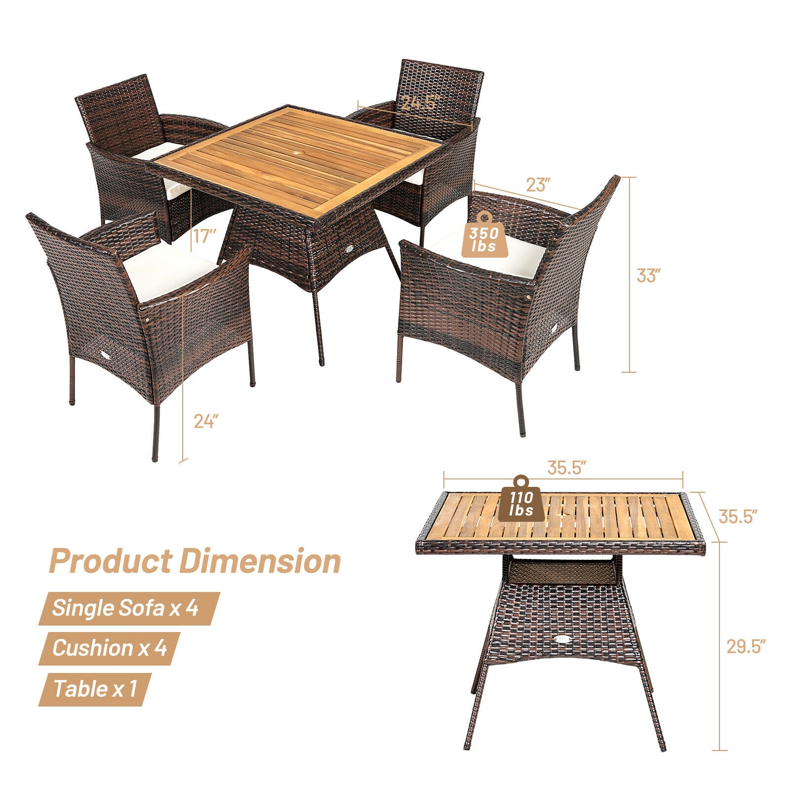 Mondawe 5 Pieces Patio Rattan Dining Furniture Set with Arm Chair and Wooden Table Top-Mondawe