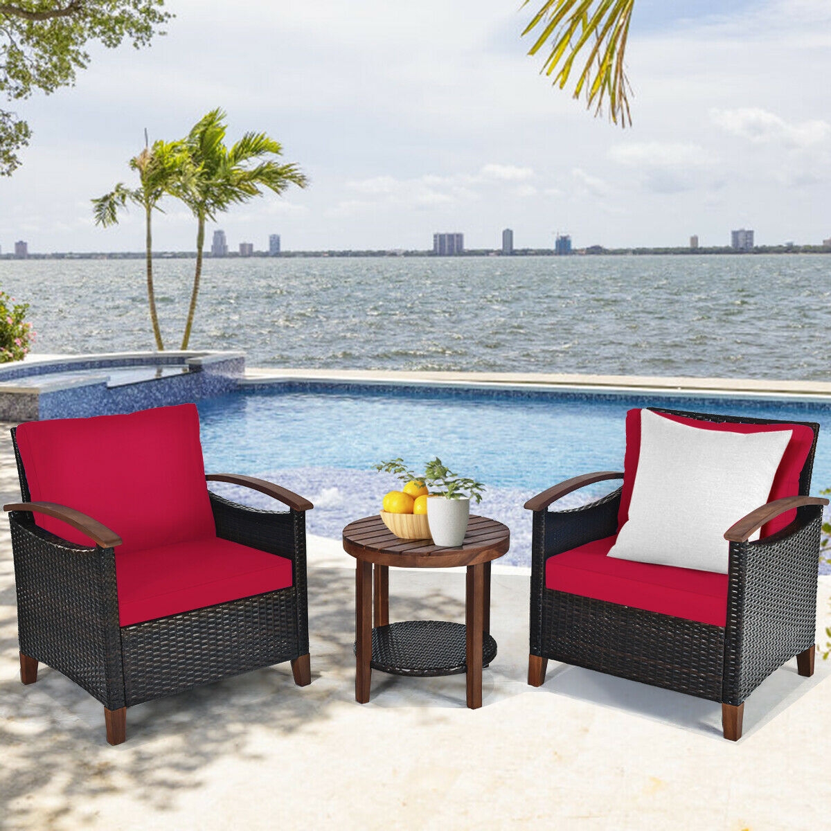 Mondawe 3 Pcs Solid Wood Frame Patio Rattan Furniture Set-Red-Mondawe