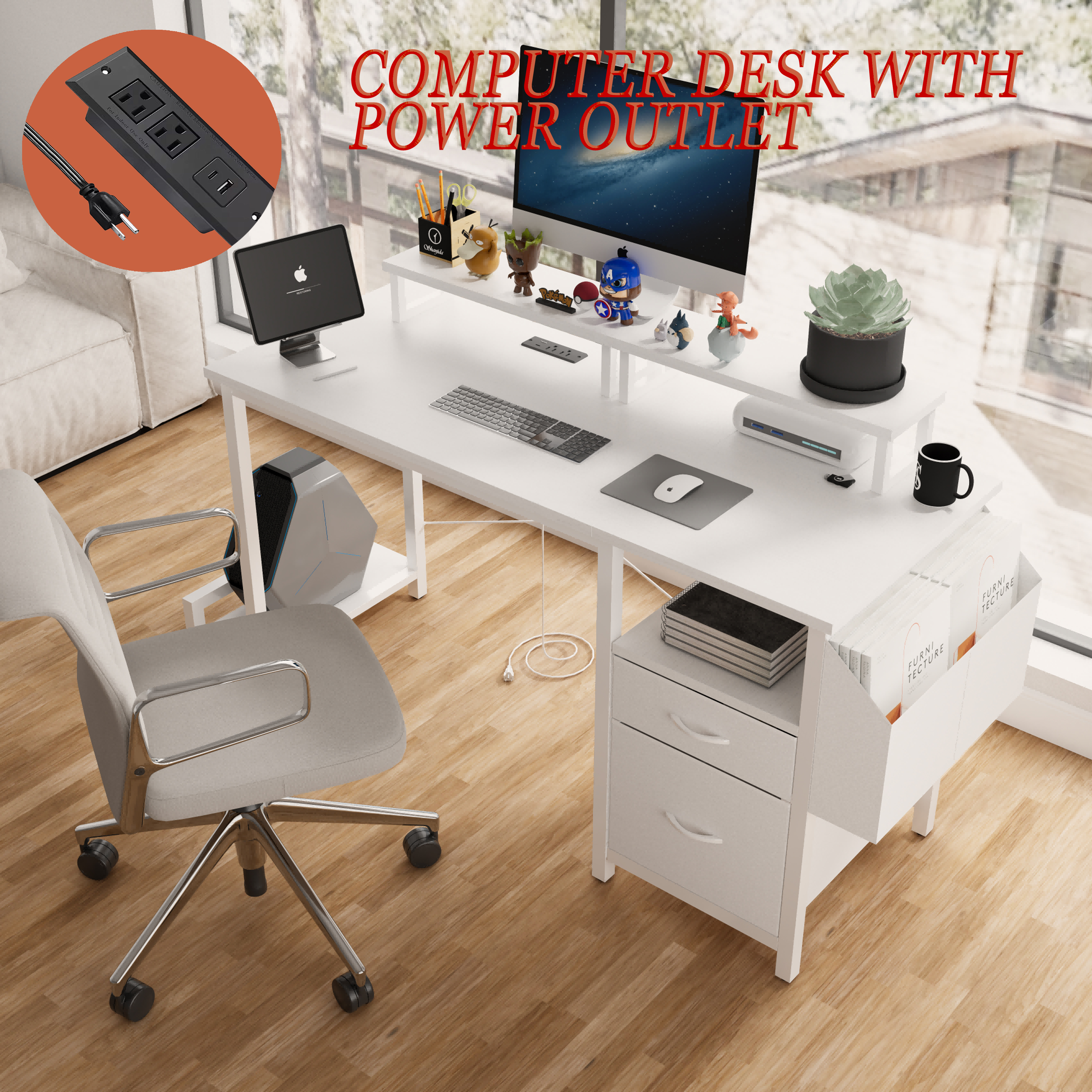 47.3" Computer Desk with power outlet,Monitor Stands,Shelves, Office Desk/Writing Table/Gaming desk With drawers,Large Side Pocket and Hooks,Easy to Assemble,Frame stability Reversible,Black