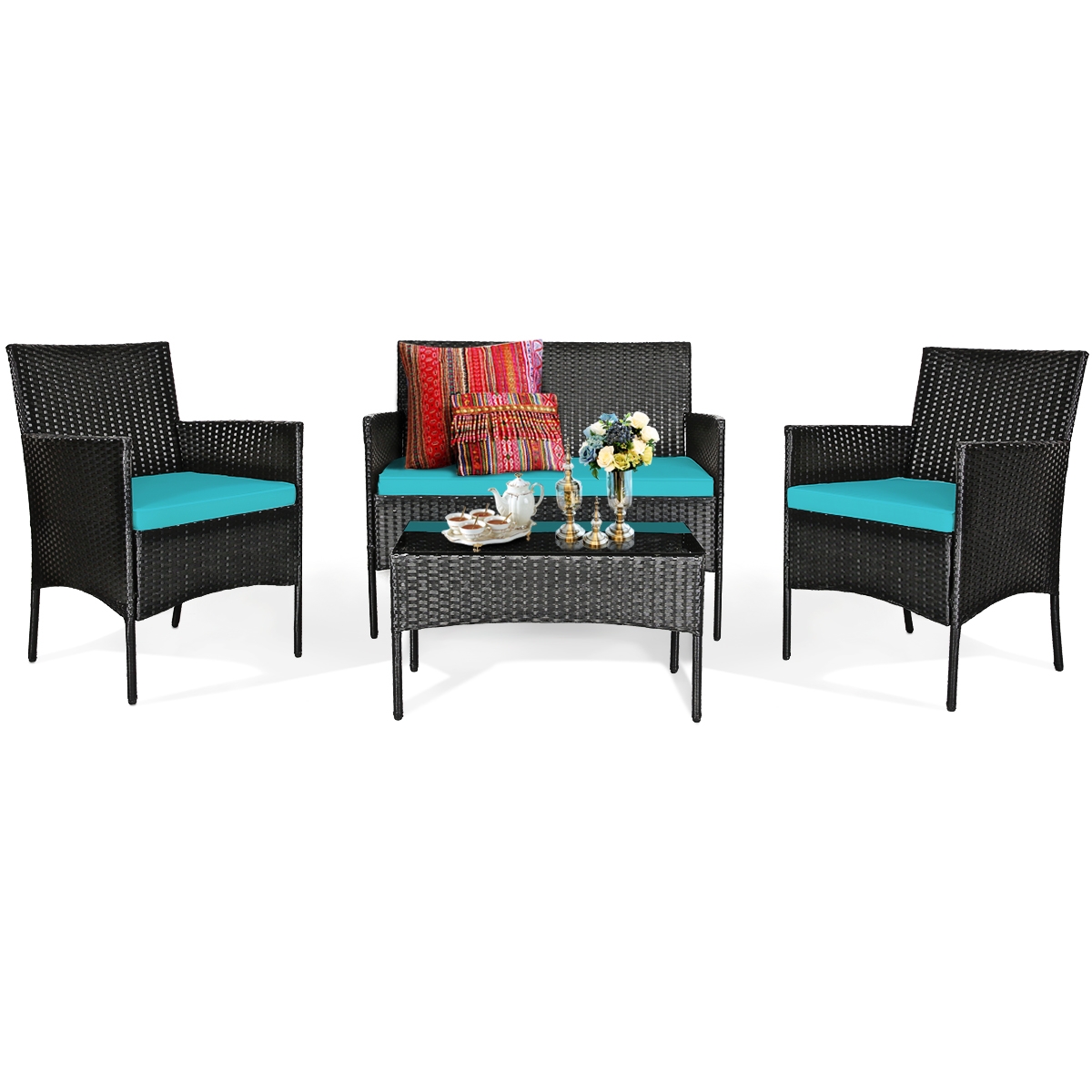 Mondawe 4 Pcs Patio Rattan Cushioned Sofa Furniture Set with Tempered Glass Coffee Table-Turquoise-Mondawe