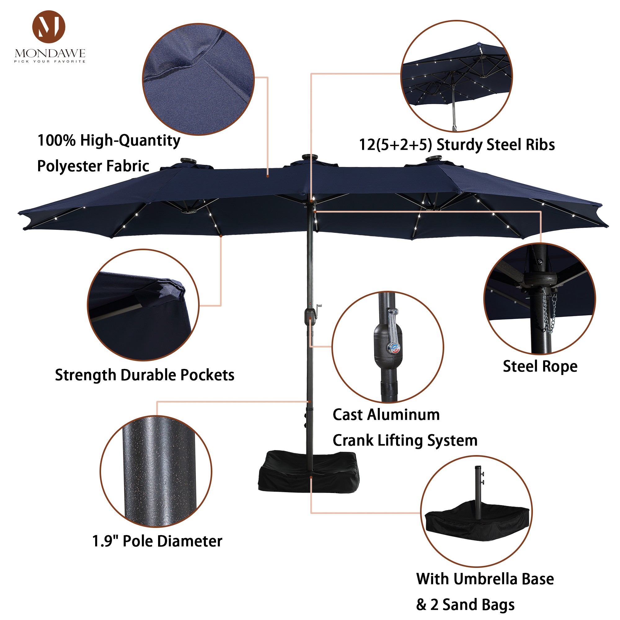 Mondawe 15ft Rectangular Patio Umbrella with Base and LED Lights-Mondawe