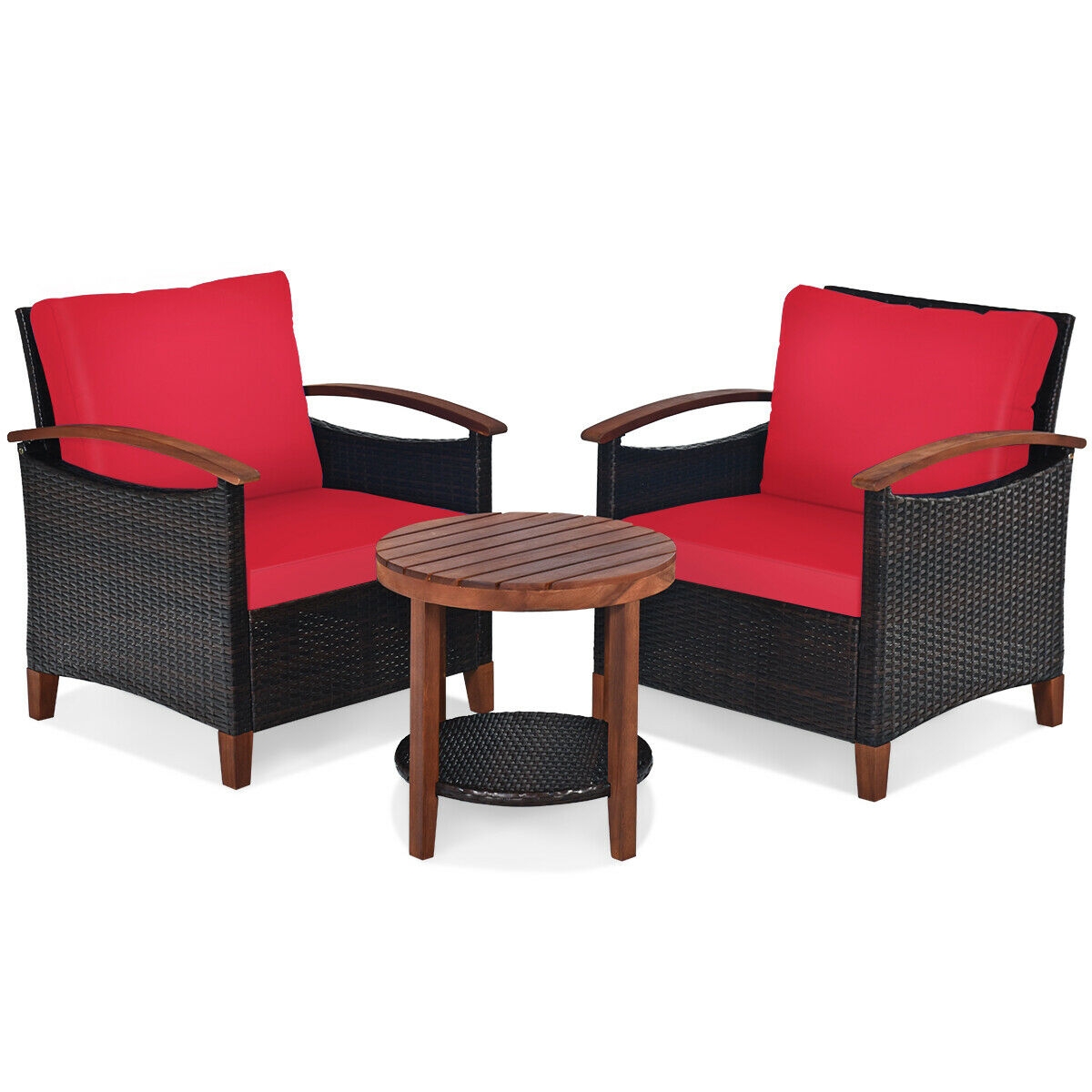 Mondawe 3 Pcs Solid Wood Frame Patio Rattan Furniture Set-Red-Mondawe