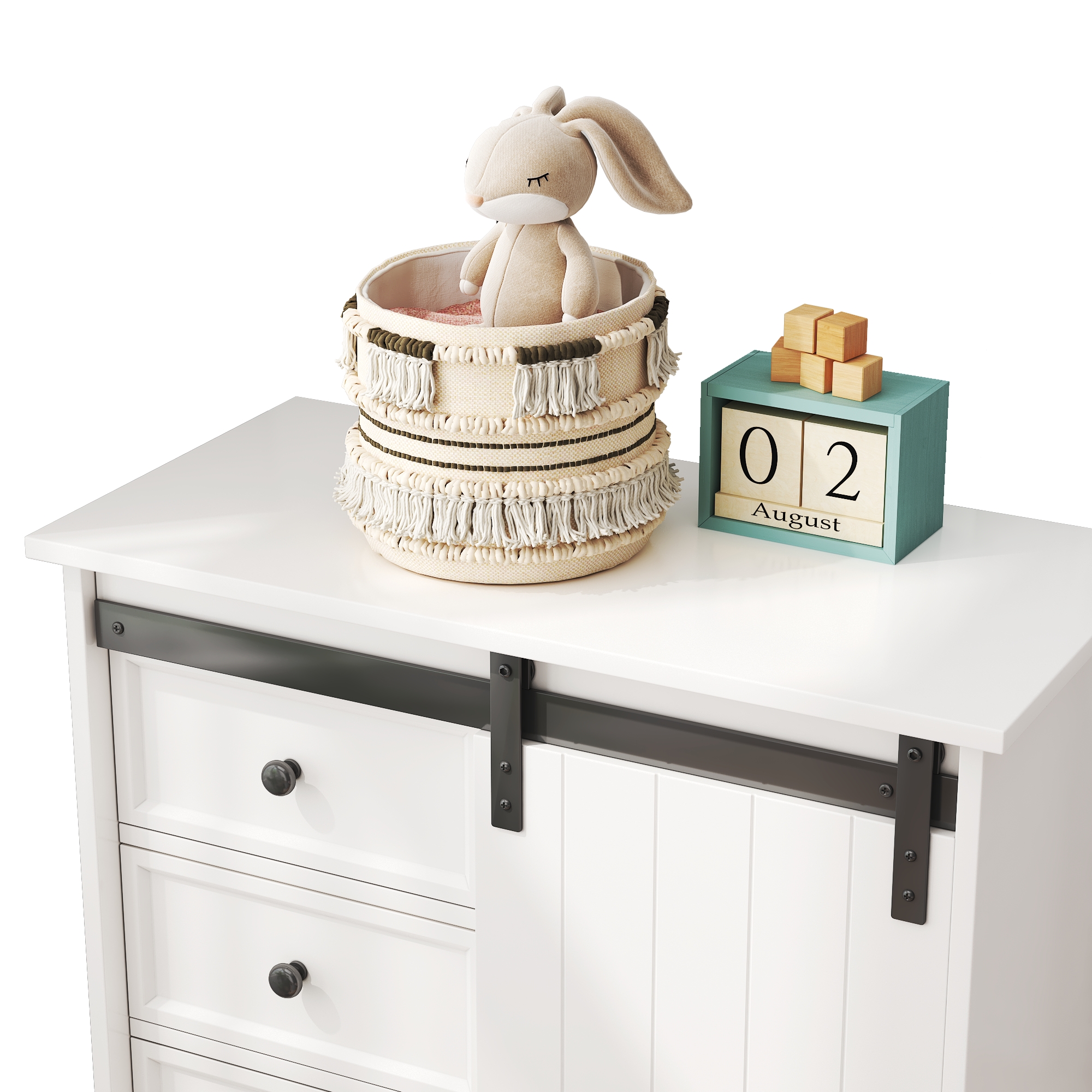 51'' Farmhouse Drawer Chest with Sliding Door, Multi-Storage Drawer Dresser with 5 Drawers and Storage Shelf, Tall Chest of Drawers with Adjustable Shelves for Bedroom, Living room 