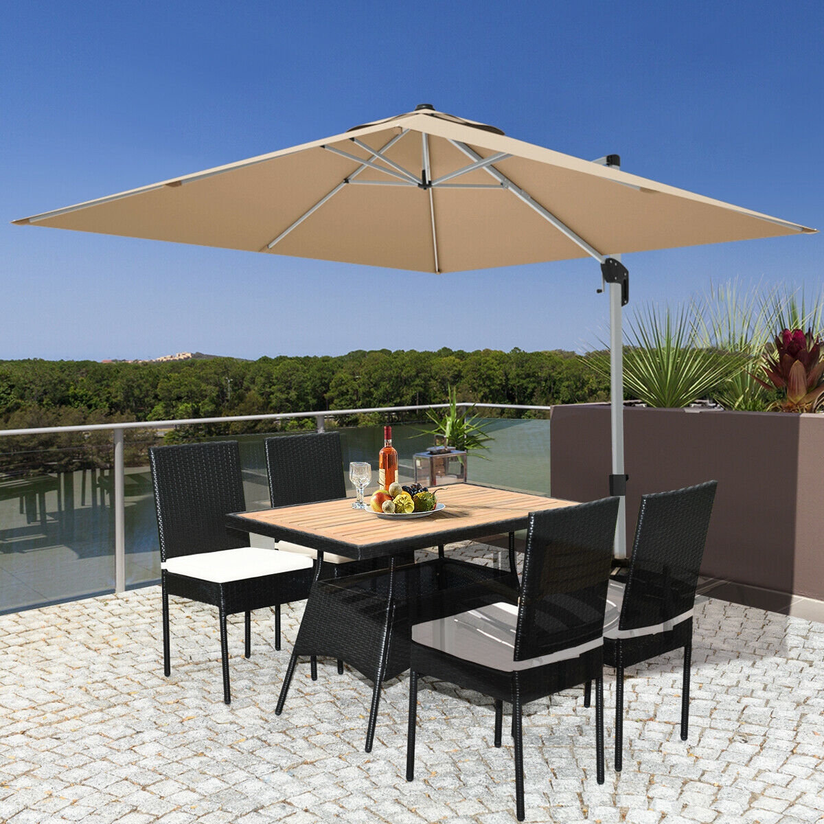 Mondawe 5 Pieces Patio Rattan Dining Set Table with Wooden Top-Mondawe