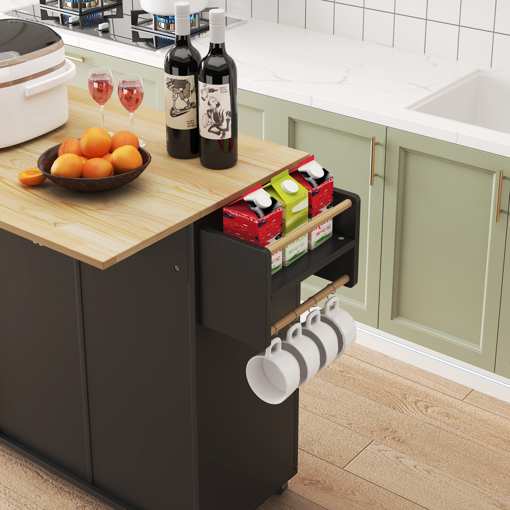 45.4" Farmhouse Black Rolling Kitchen Cart on Wheels with Storage Cabinet, Mobile Kitchen Island cart with Drop Leaf Top, Spice Rack, Towel Bar, Adjustable Shelf, Drawers and Hooks 