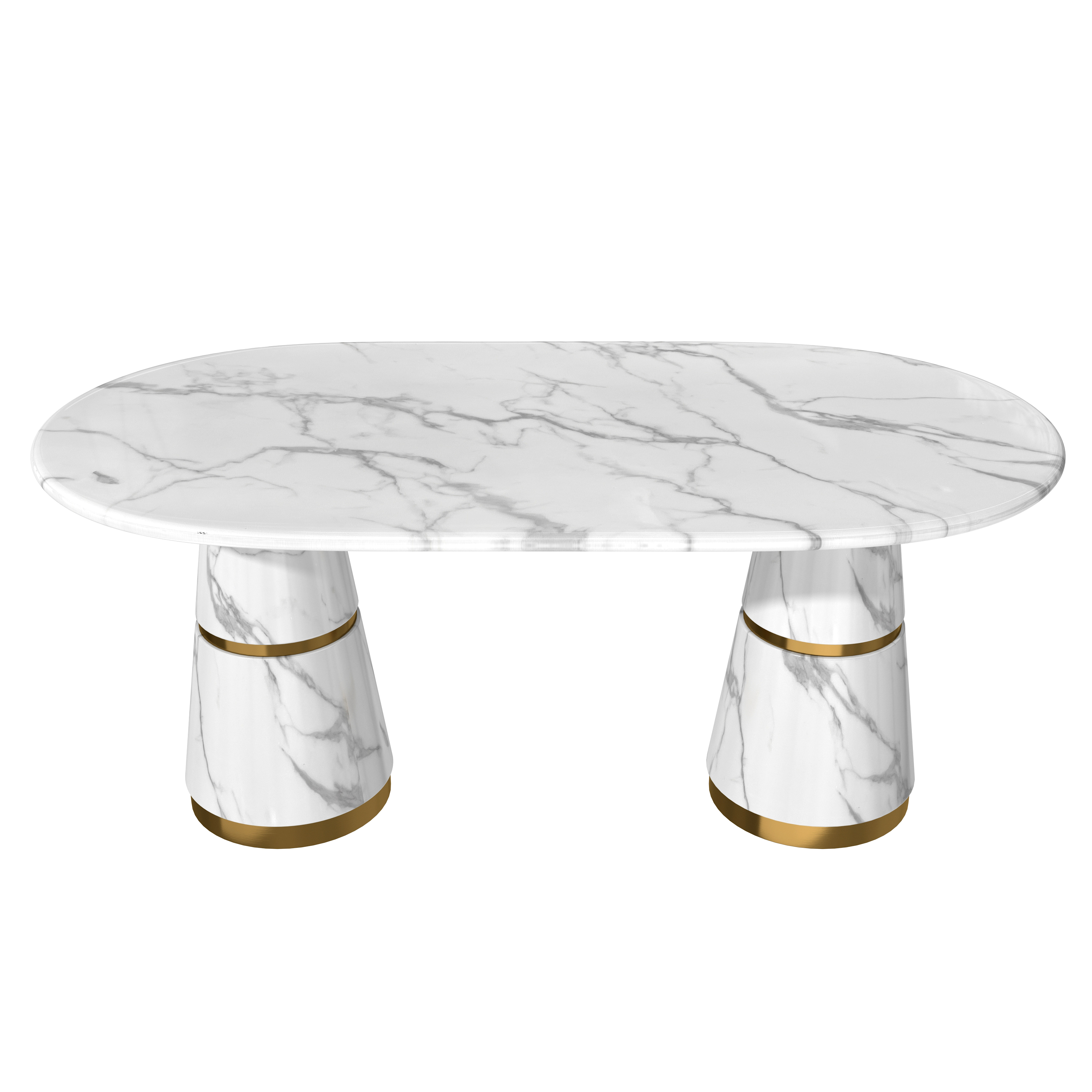 White Marble Top 70 in. W Conical Base Column Dining Table Seats-6 with Adjustable Foot Nails