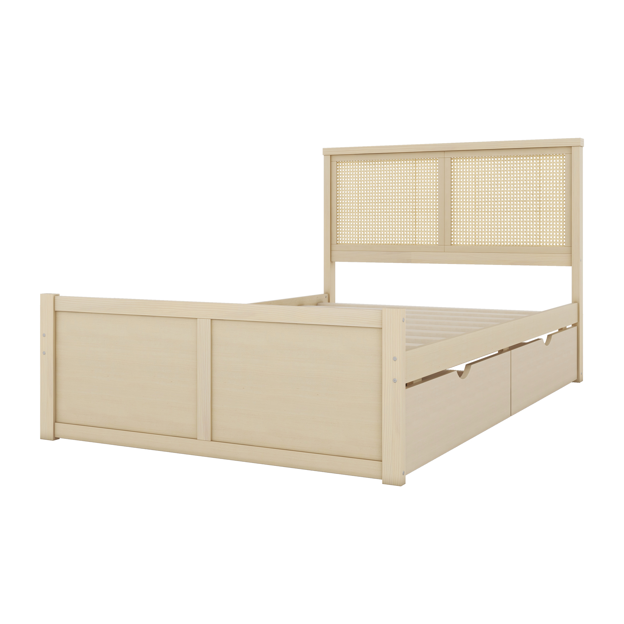Queen/Full Size Wood Storage Platform Bed with 4 Drawers, Rattan Headboard, Espresso/Nature 