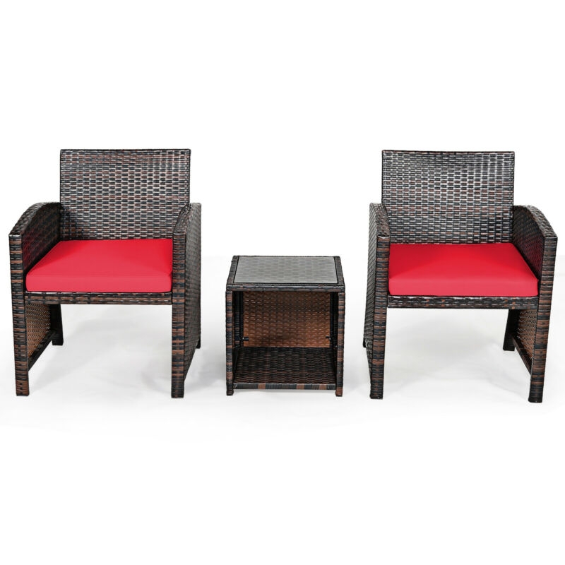 Mondawe 3 Pieces PE Rattan Wicker Furniture Set with Cushion Sofa Coffee Table for Garden-Red-Mondawe