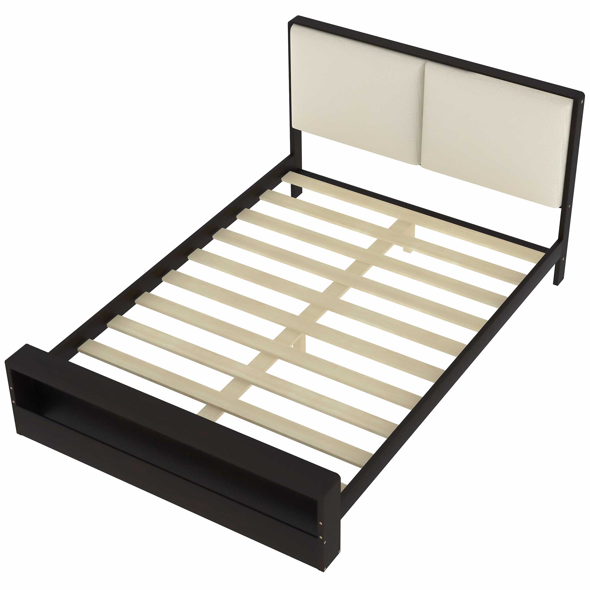 King/Queen Size Platform Bed Frame with Upholstery Headboard and Bookshelf in Footboard and LED Light Strips, Espresso