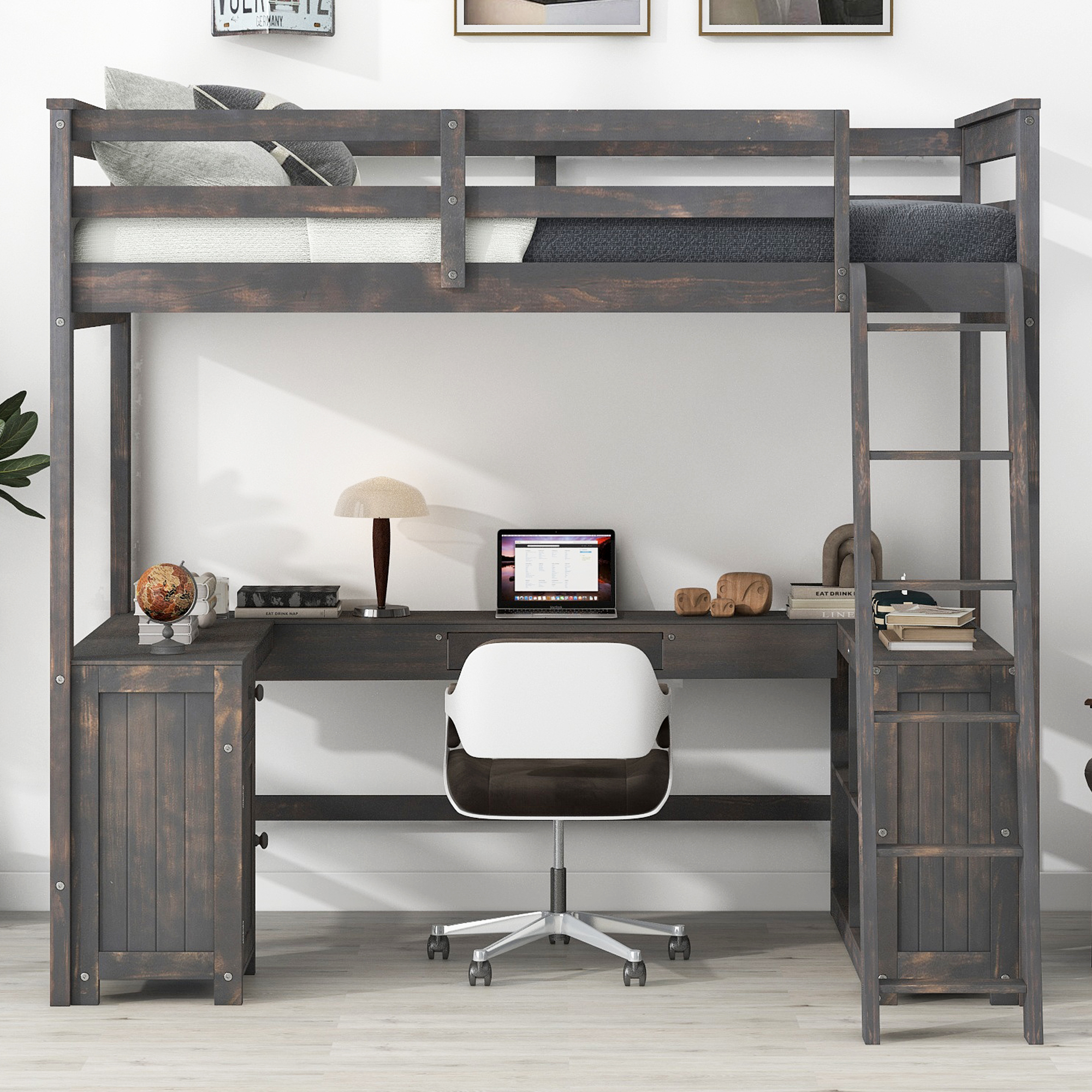 Full/Twin Size Loft Bed with U-shaped Desk, Drawers and Storage Shelves, White/Antique Brown 