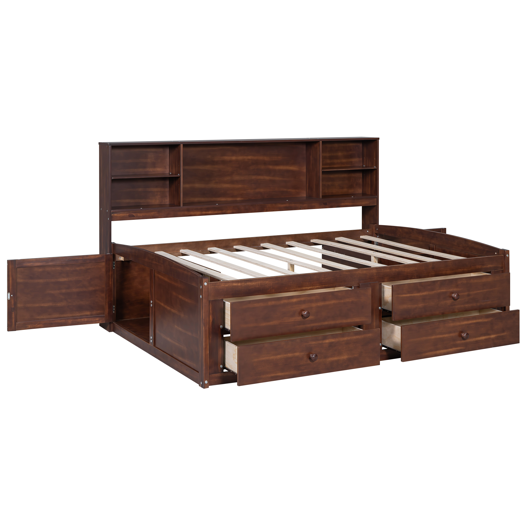Full Size Wooden Captain Bed with Built-in Storage Shelves, 4 Drawers and 2 Cabinets, Antique Brown 