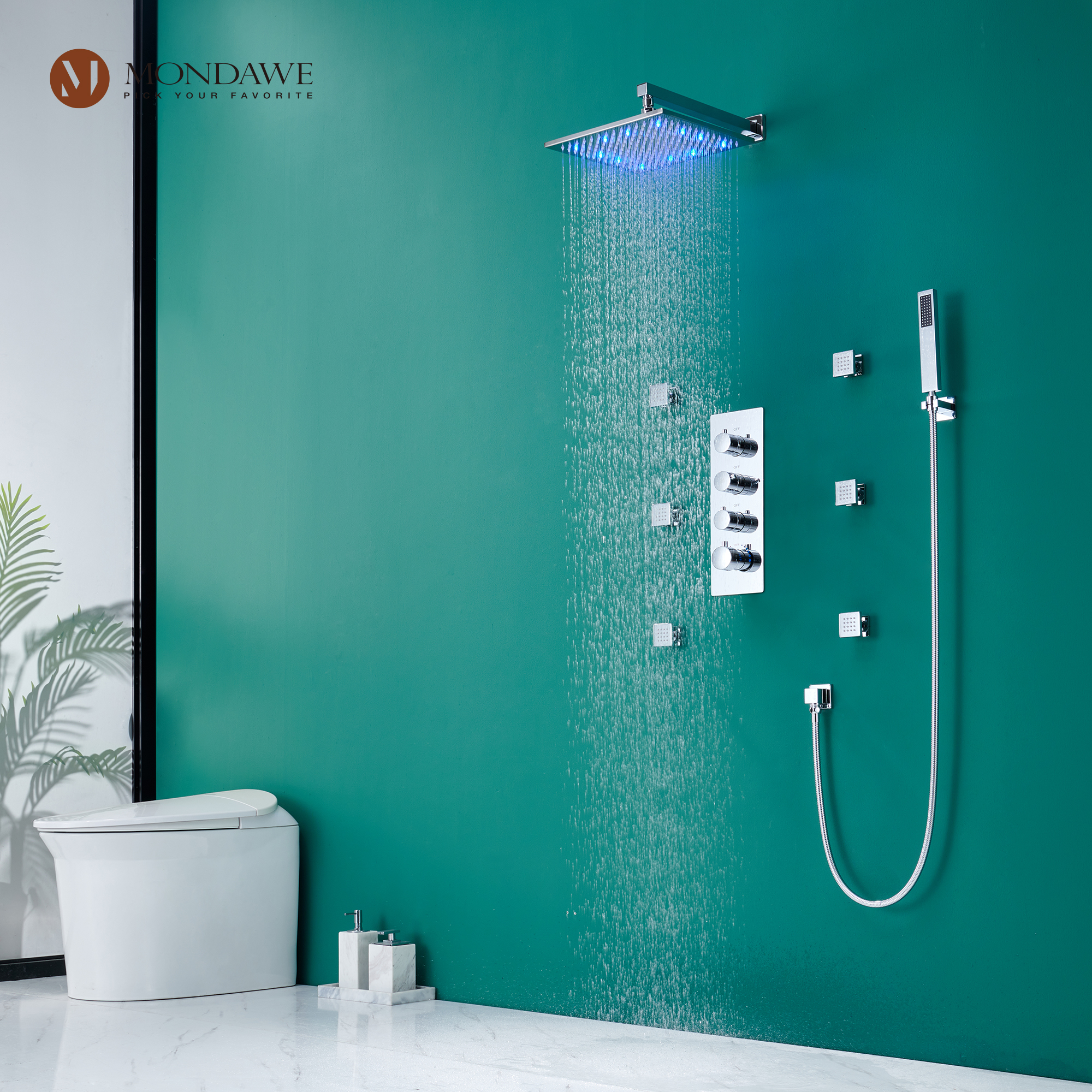 Mondawe Luxury Wall Mount Rain Shower Head with 6 Shower Jet and LED 3-Spray Patterns Thermostatic 12 in. -Mondawe