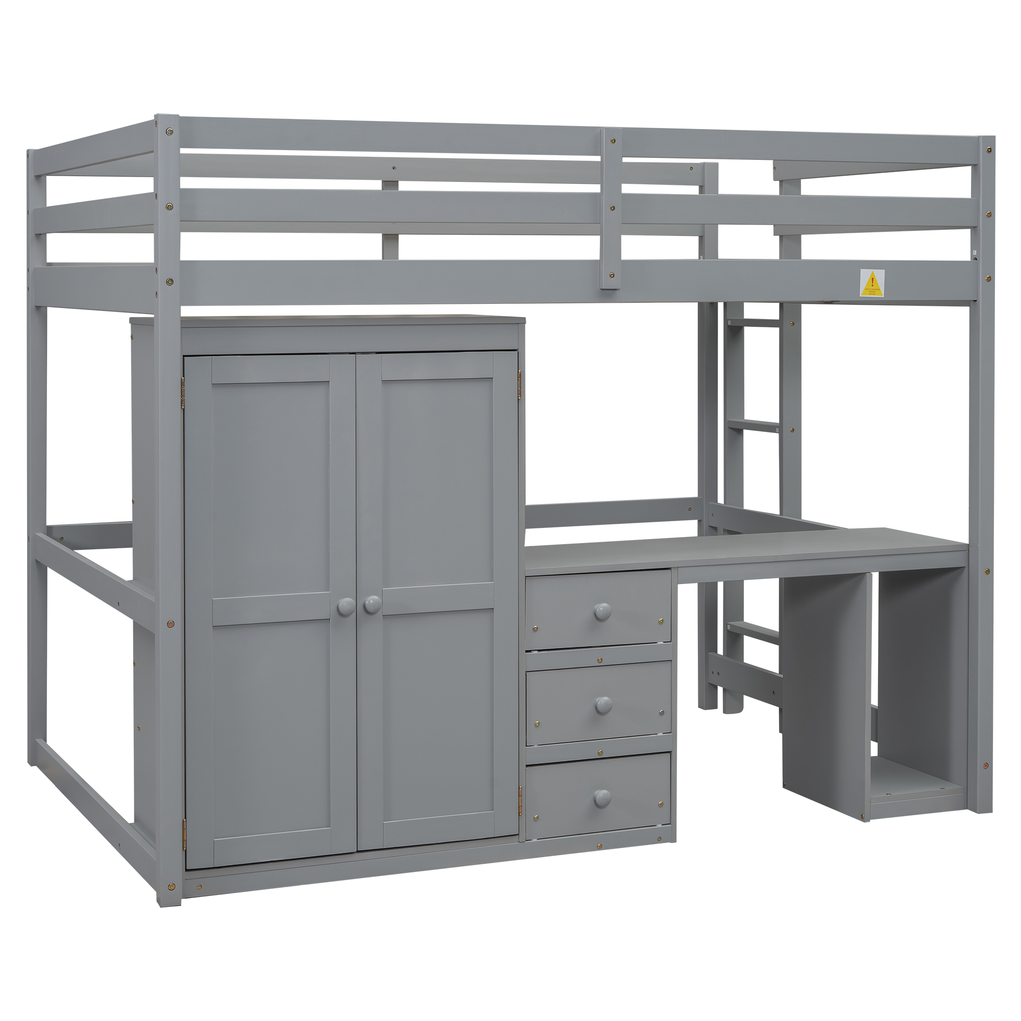 Full/Twin Size Loft Bed with Wardrobe, Desk and Storage Drawers, Gray/White