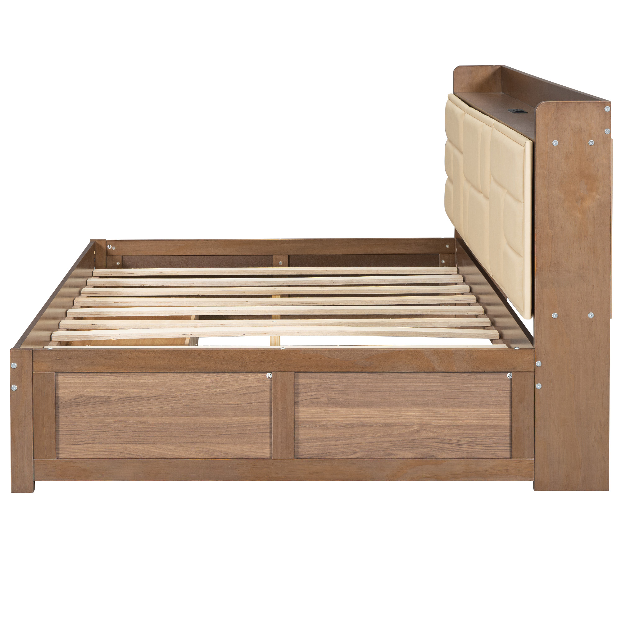 Full/Twin Size Wood Daybed with Upholstered Storage Shelves, USB Ports and 2 Drawers, Wood Color 