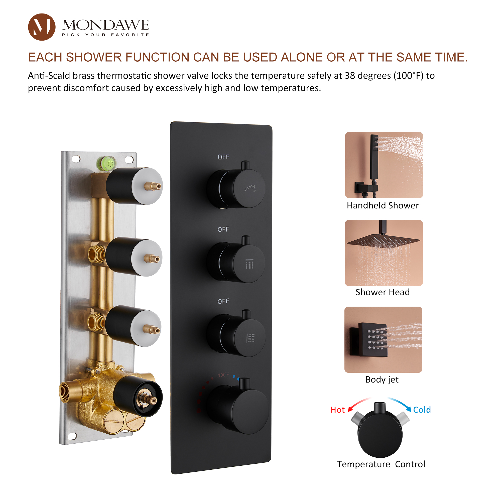 Mondawe Ceiling Mount Thermostatic Rainfall Shower System Set with Hand Held Shower Head and 6 Body Jets-Mondawe