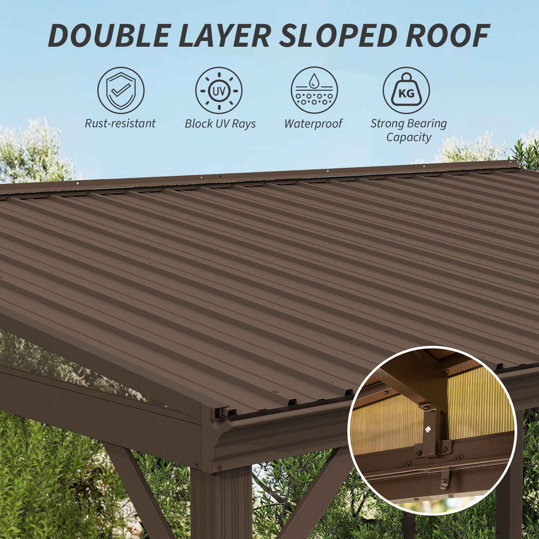 Hardtop Wall Mounted Gazebo with Sloping Galvanized Steel Roof, Aluminum Frame, Drainage System, Curtains and Netting, for Patio, Deck, Garden, Backyard