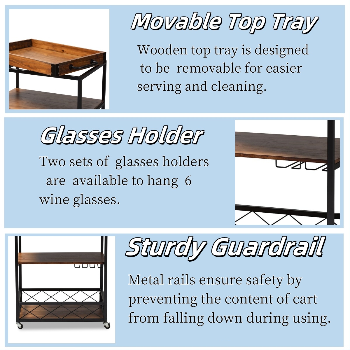 32.6'' Tall Industrial Style Rolling Kitchen Island Wine Cart with Black Finished, Fir Wood Mobile Metal Wine Bar Cart with Glass Rack, Oak Brown 