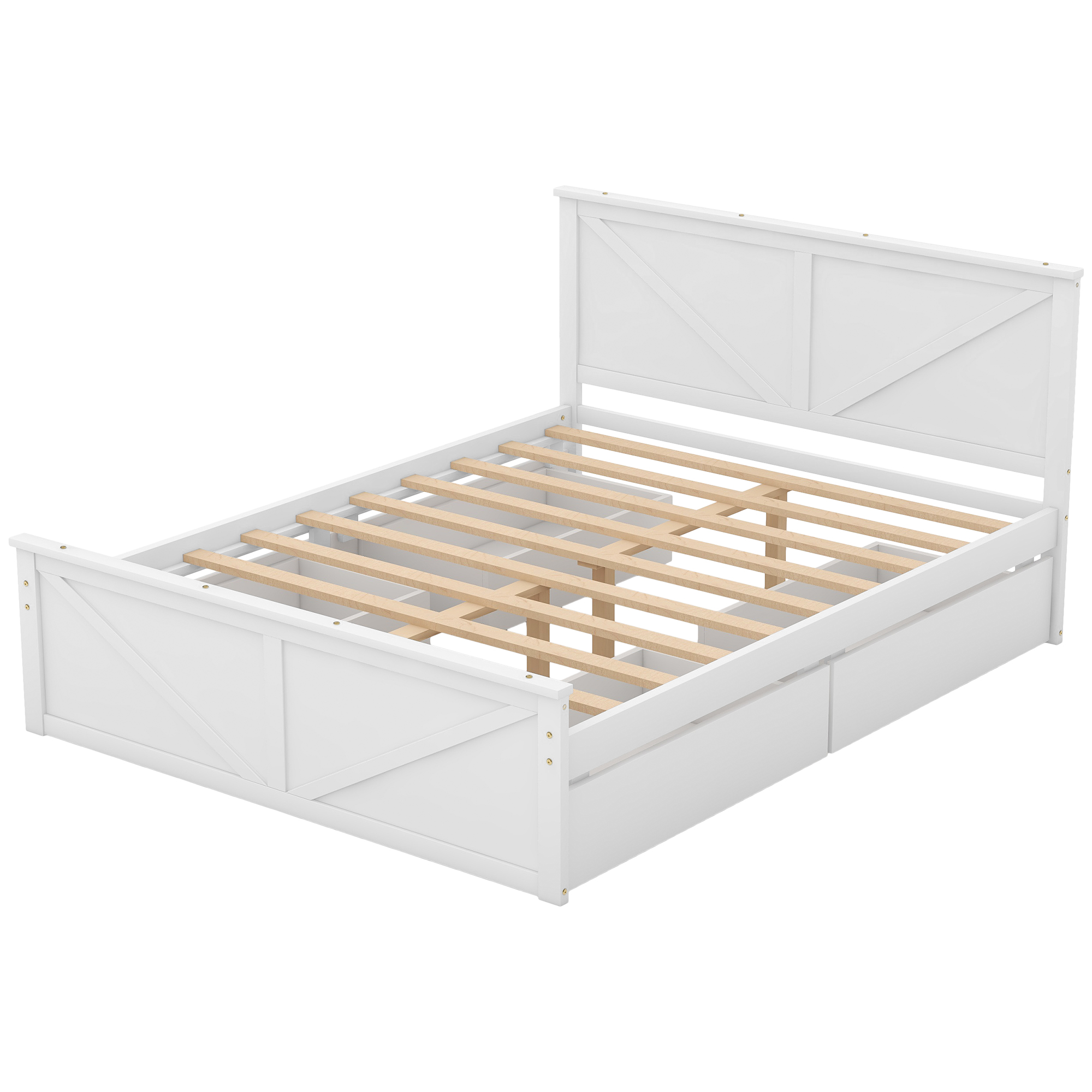 King/Queen Size Wooden Platform Bed with Four Storage Drawers and Support Legs, White/Gray