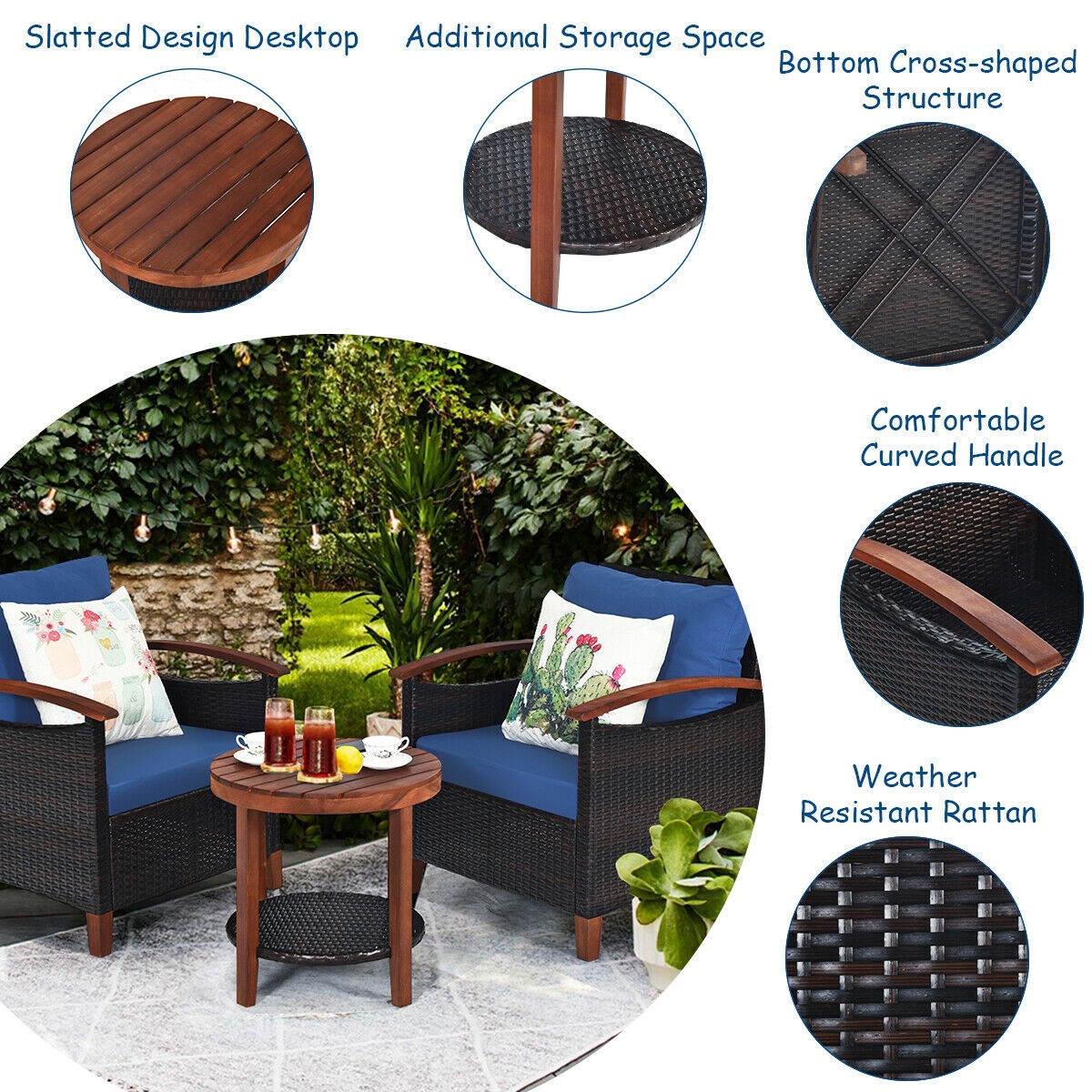 Mondawe 3 PCS Solid Wood Frame Patio Rattan Furniture Set-Mondawe