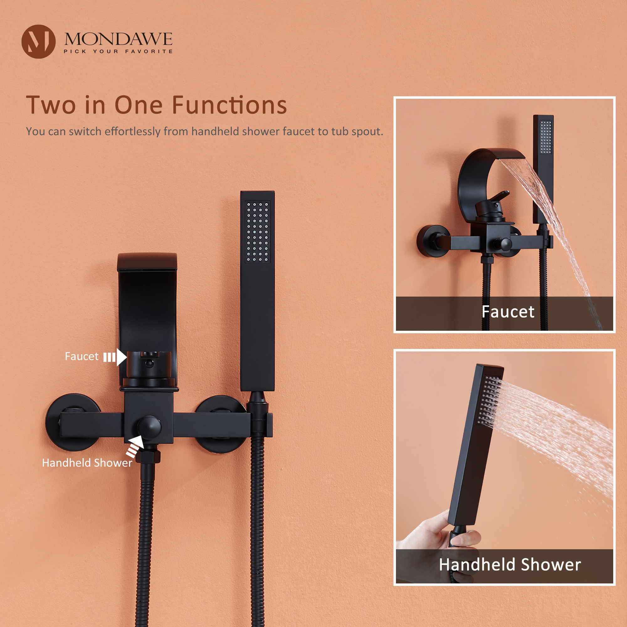 Mondawe Single Handle Shower Tub Kit with Waterfall Tub Spout and Handheld Shower Faucet, Wall Mounted-Mondawe