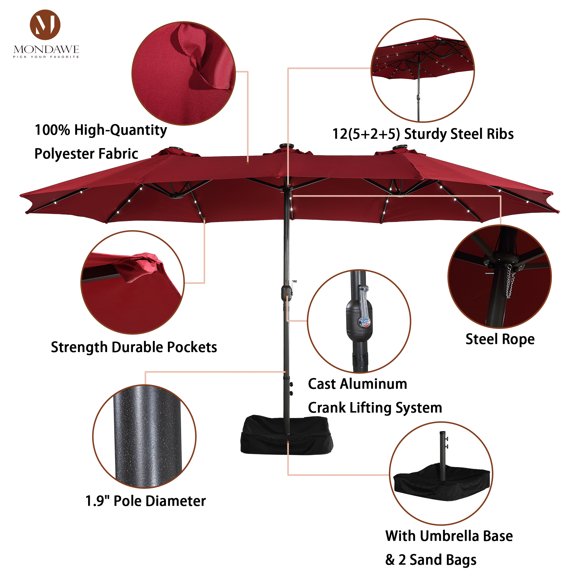 Mondawe 15ft Rectangular Patio Umbrella with Base and LED Lights-Mondawe