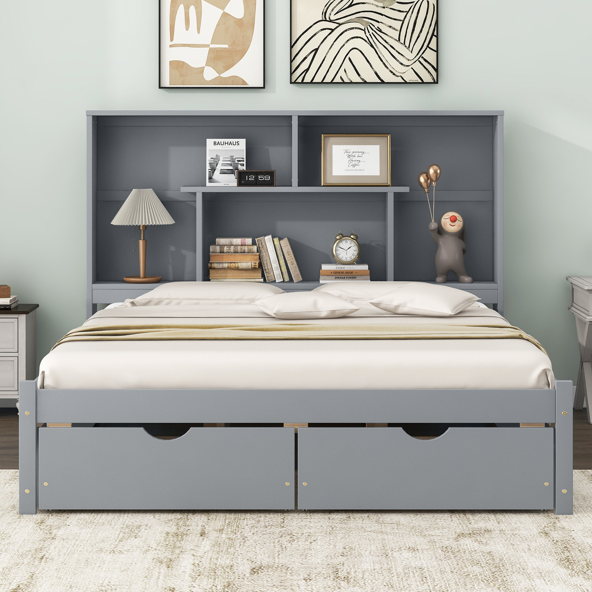 Full/Queen Size Platform Bed with Storage Headboard and 2 Drawers, Gray/White