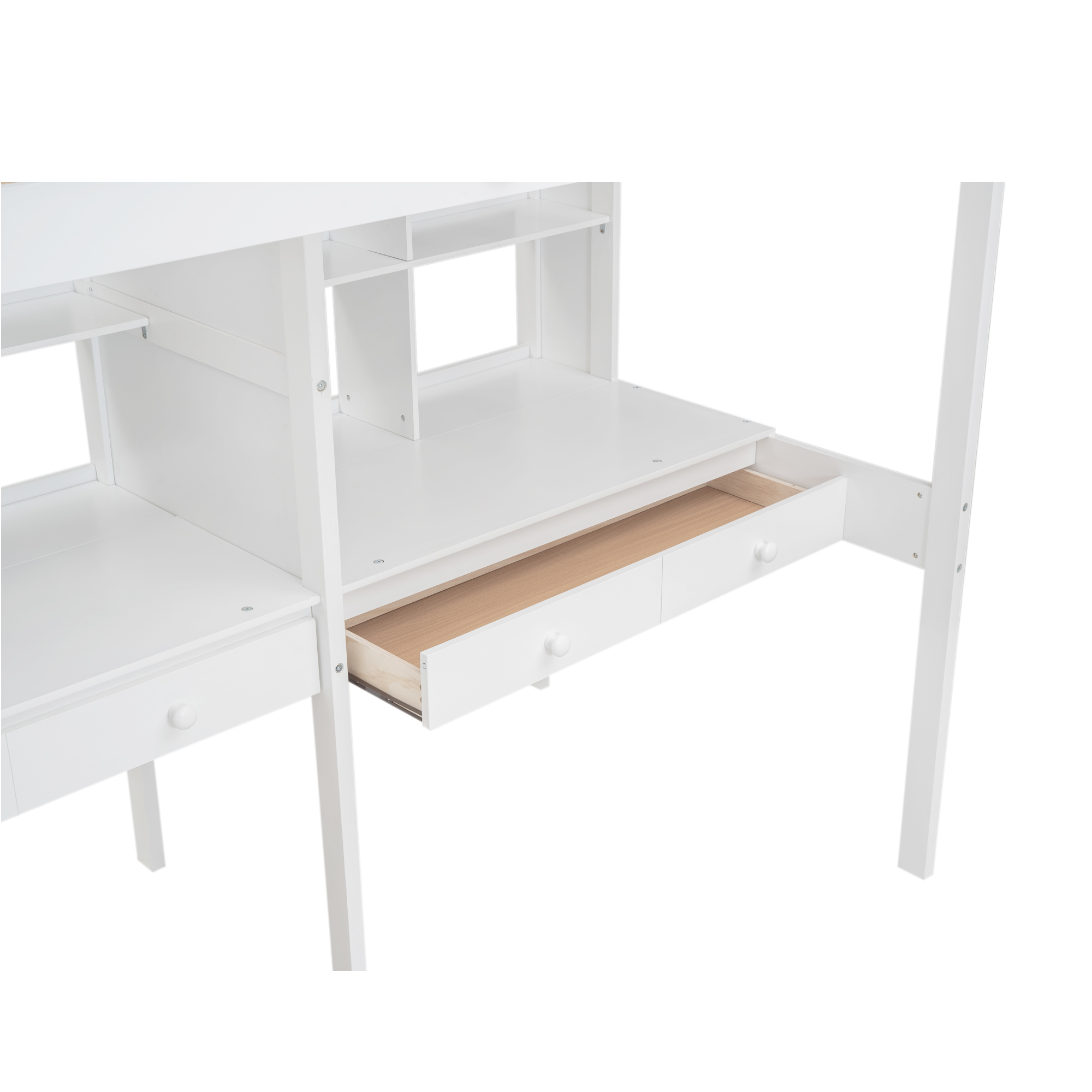 Twin Size Loft Bed Frame with Storage Staircase and Double Desks and Shelves,Gray/White