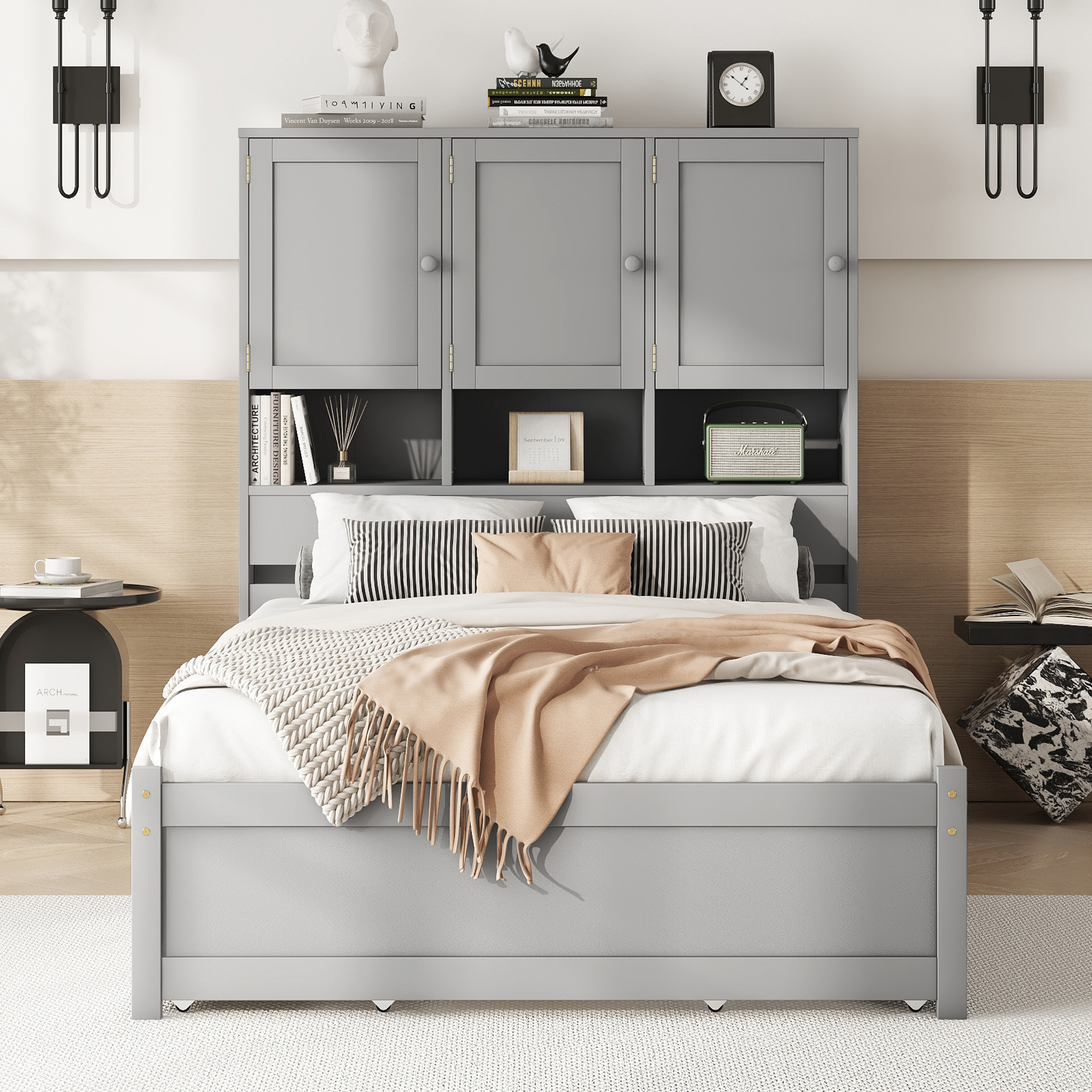 Full/Queen Size Platform Bed with Storage Headboard and 4 Drawers, Gray/White