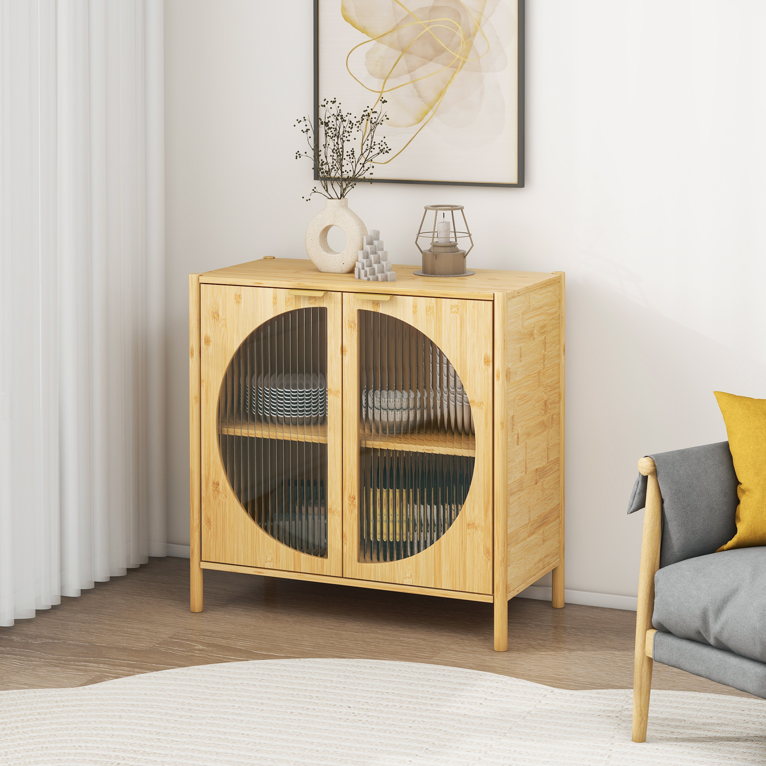 Bamboo 2 door cabinet, Buffet Sideboard Storage Cabinet, Buffet Server Console Table, for Dining Room, Living Room, Kitchen, Hallway 