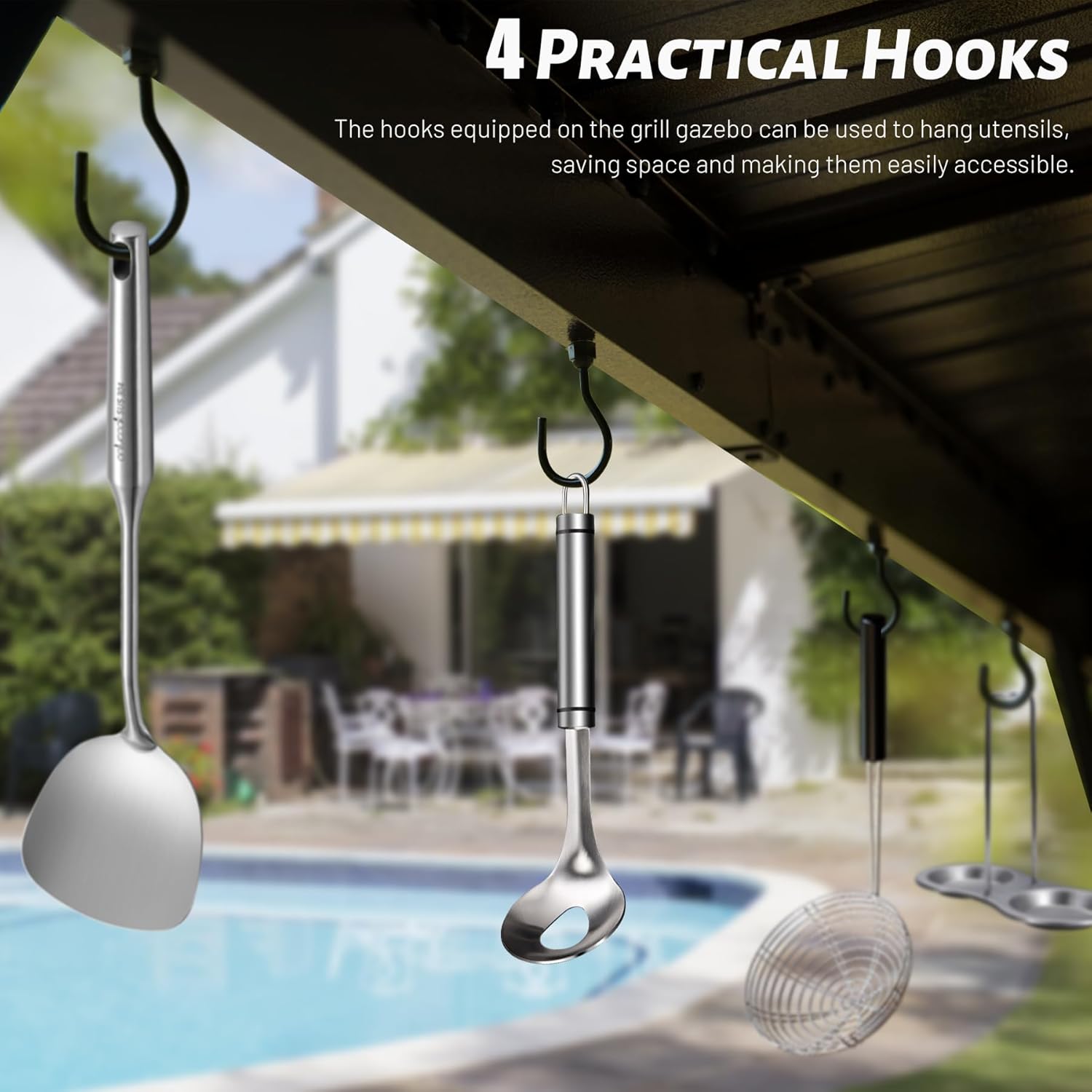 Hardtop Grill Gazebo, Outdoor BBQ Gazebo with 2 Side Shelves and Sloping Galvanized Steel Roof, Metal Permanent Grill Canopy with Ceiling Hooks for Patio, Lawn, Backyard, Deck