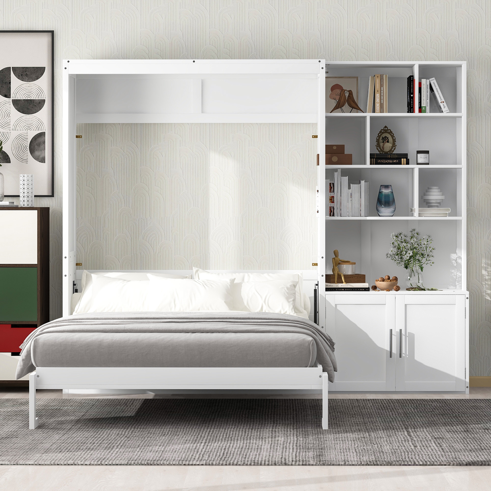 Full Size Murphy Bed with Multiple Storage Shelves and A Cabinet, White 