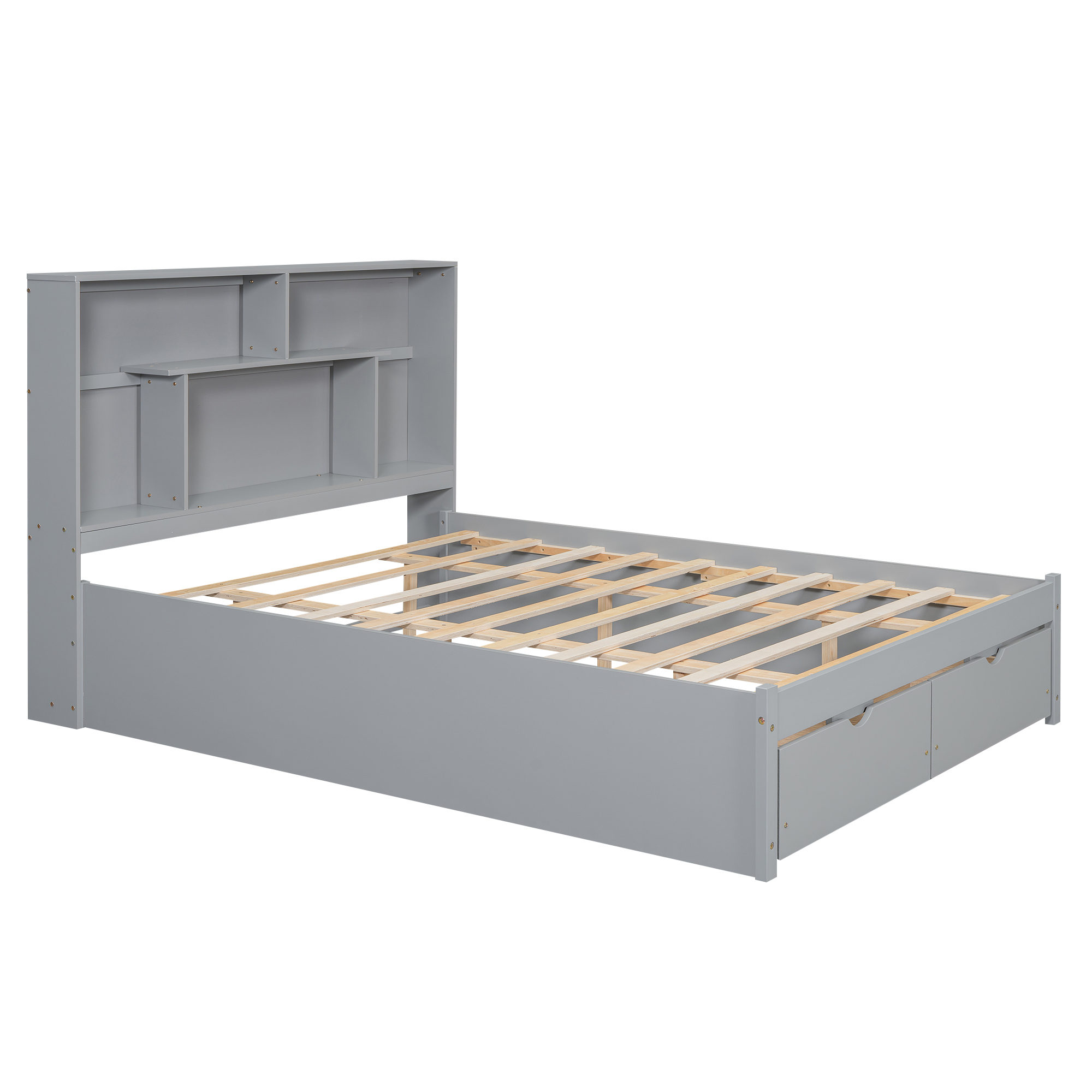 Full/Queen Size Platform Bed with Storage Headboard and 2 Drawers, Gray/White